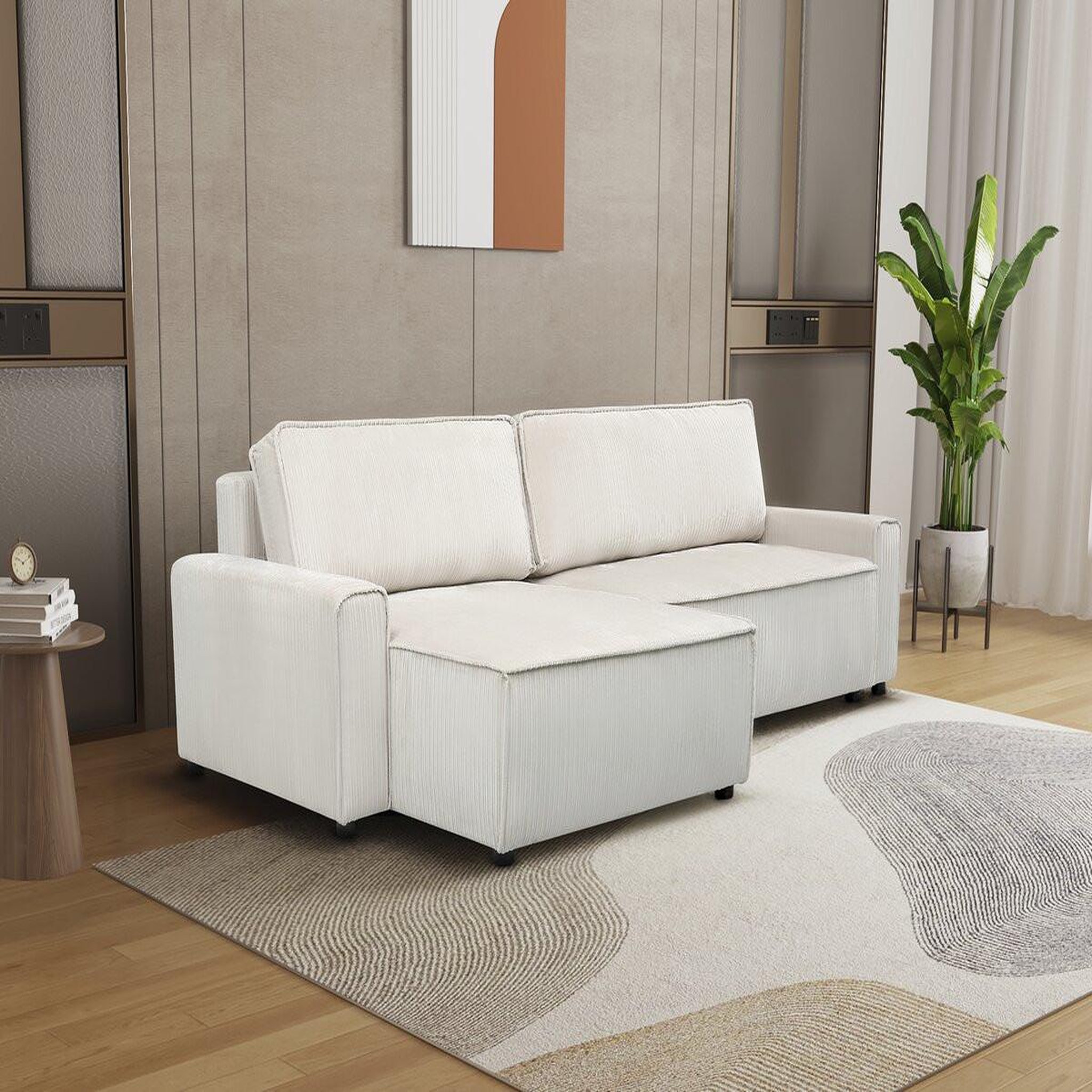 Voir la diapositive 2 : Habitat et Jardin Canapé d'angle convertible et reversible en velours côtelé  montaigne  - 3 places  - beige