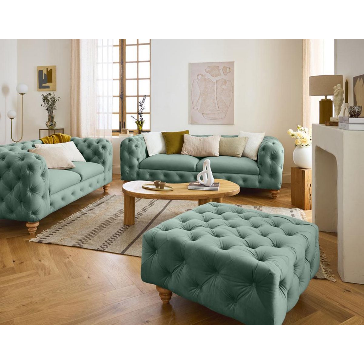 LISA DESIGN Walter - canapé 3 places chesterfield en velours - pieds bois