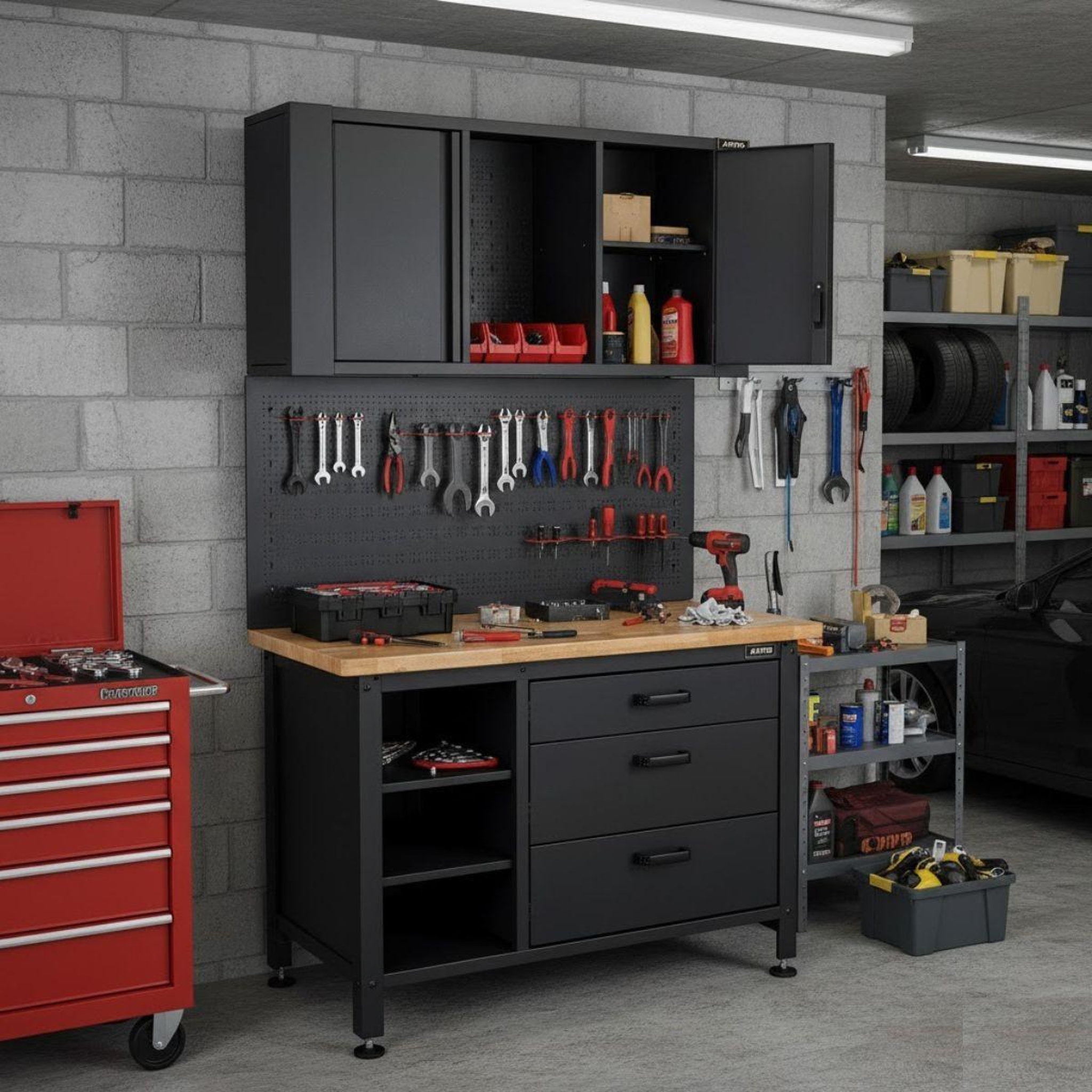 Voir la diapositive 2 : VITO Etabli d'Atelier Garage avec Armoire de Rangement - Plan de travail Bois 2 Armoires 3 tiroirs Panneau perforé Charge 500kg VITO