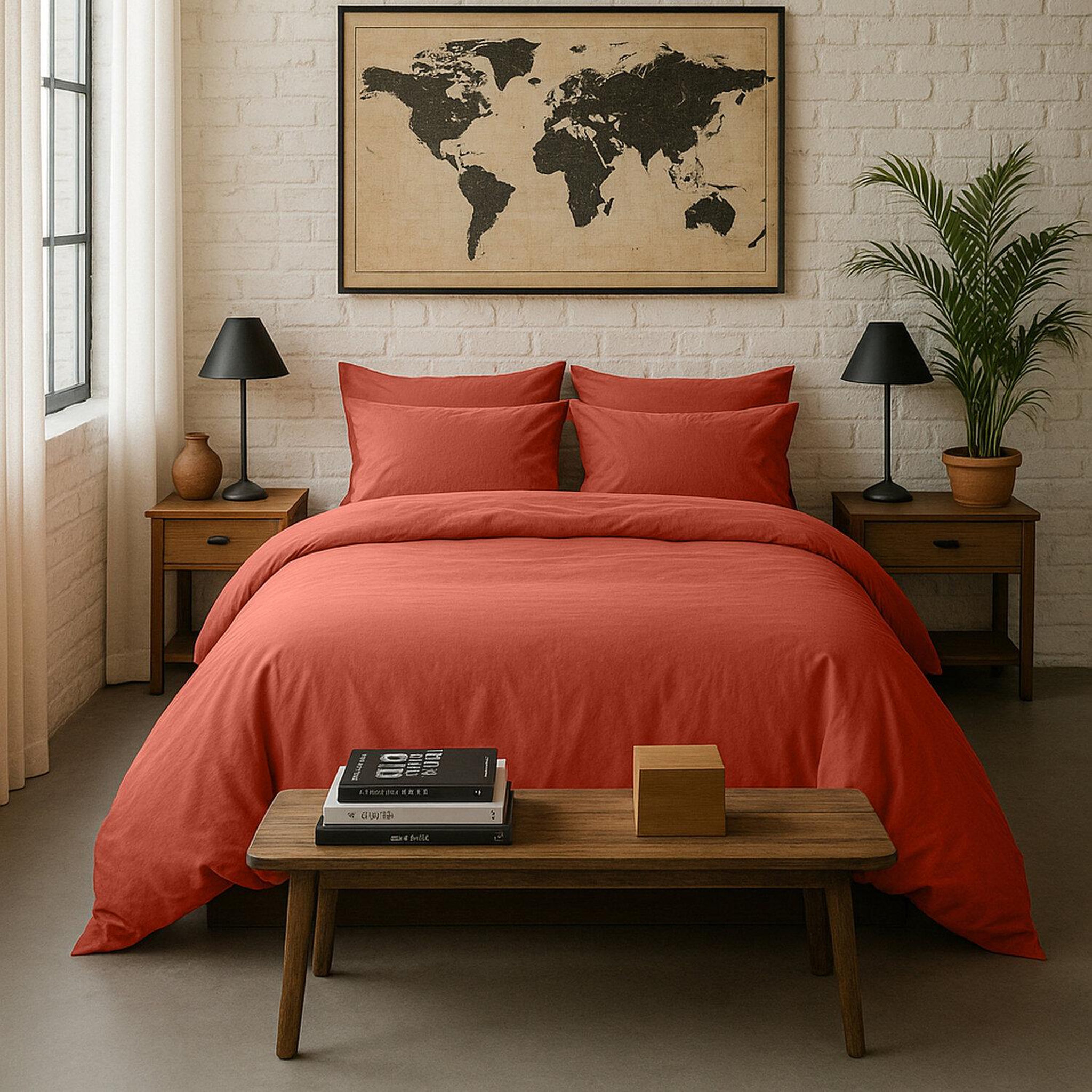 Voir la diapositive 3 : BATON ROUGE Drap housse 100% percale de coton lavé 80 fils/cm² - terre de sienne