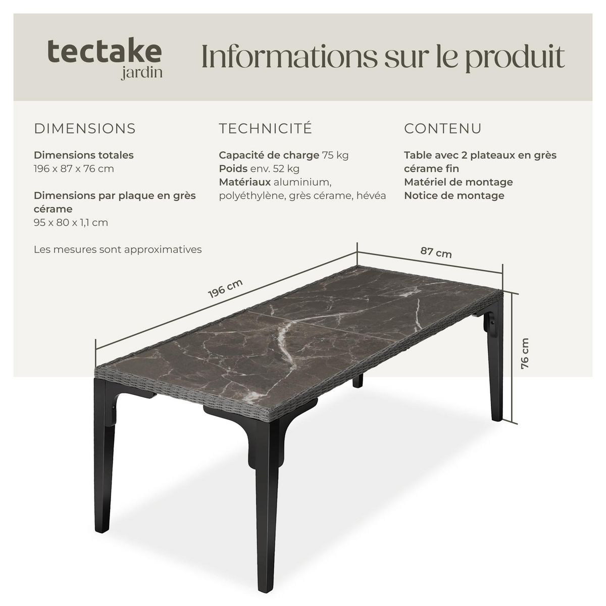 tectake Table en rotin avec cadre en aluminium et bois gris