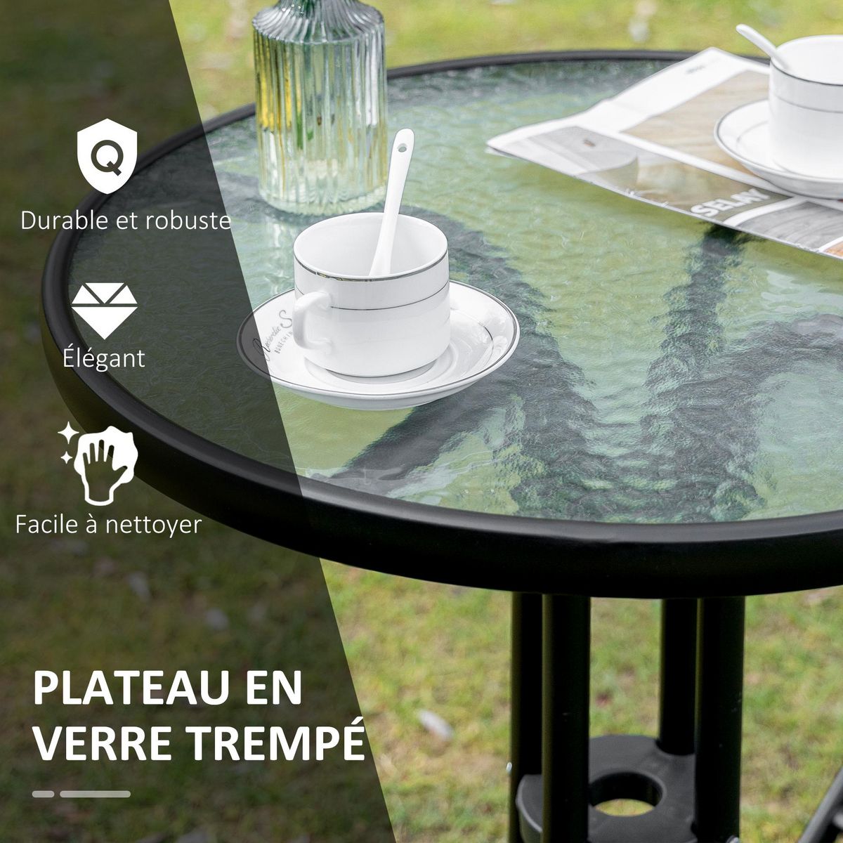OUTSUNNY Salon de jardin bistro 2 chaises pliables - table ronde dim. Ø60 x 70H cm - plateau verre trempé métal époxy textilène noir
