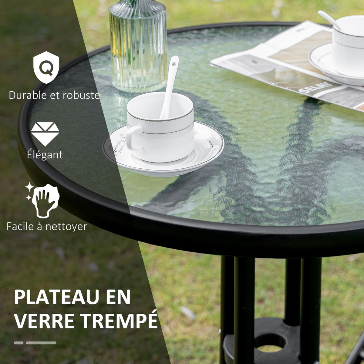 OUTSUNNY Salon de jardin bistro 2 chaises pliables - table ronde dim. Ø60 x 70H cm - plateau verre trempé métal époxy textilène noir