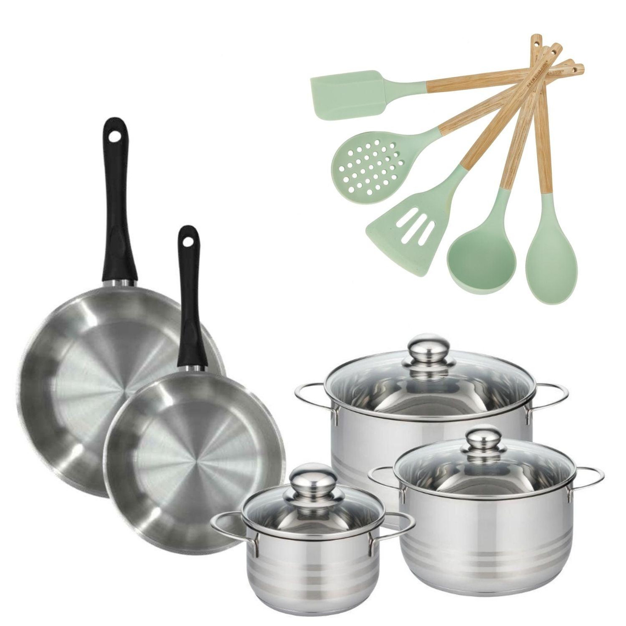 Fackelmann Batterie de cuisine avec 3 faitouts 16/20/24 cm et 2 poêles 24/28 cm avec 5 ustensiles de cuisine sans pfas fackelmann généva brillant ocean