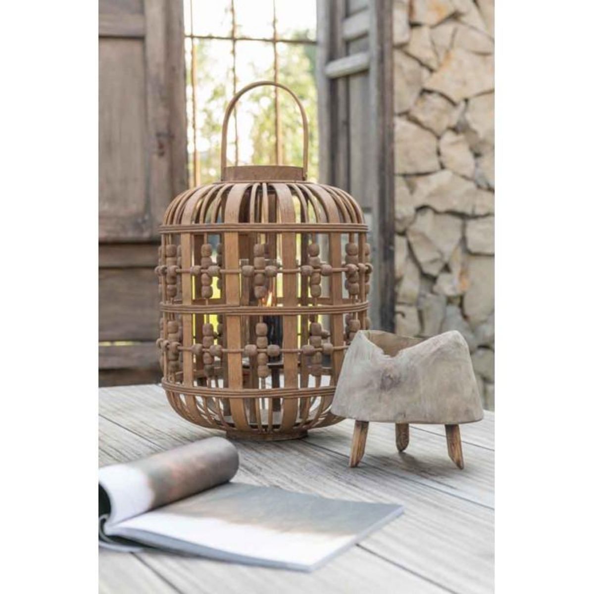 Paris Prix Lanterne Déco en Bois  Perles  40cm Naturel