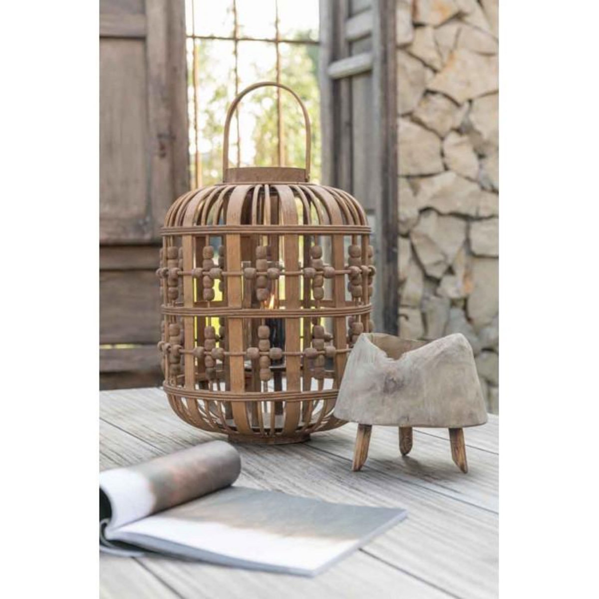 Paris Prix Lanterne Déco en Bois  Perles  40cm Naturel