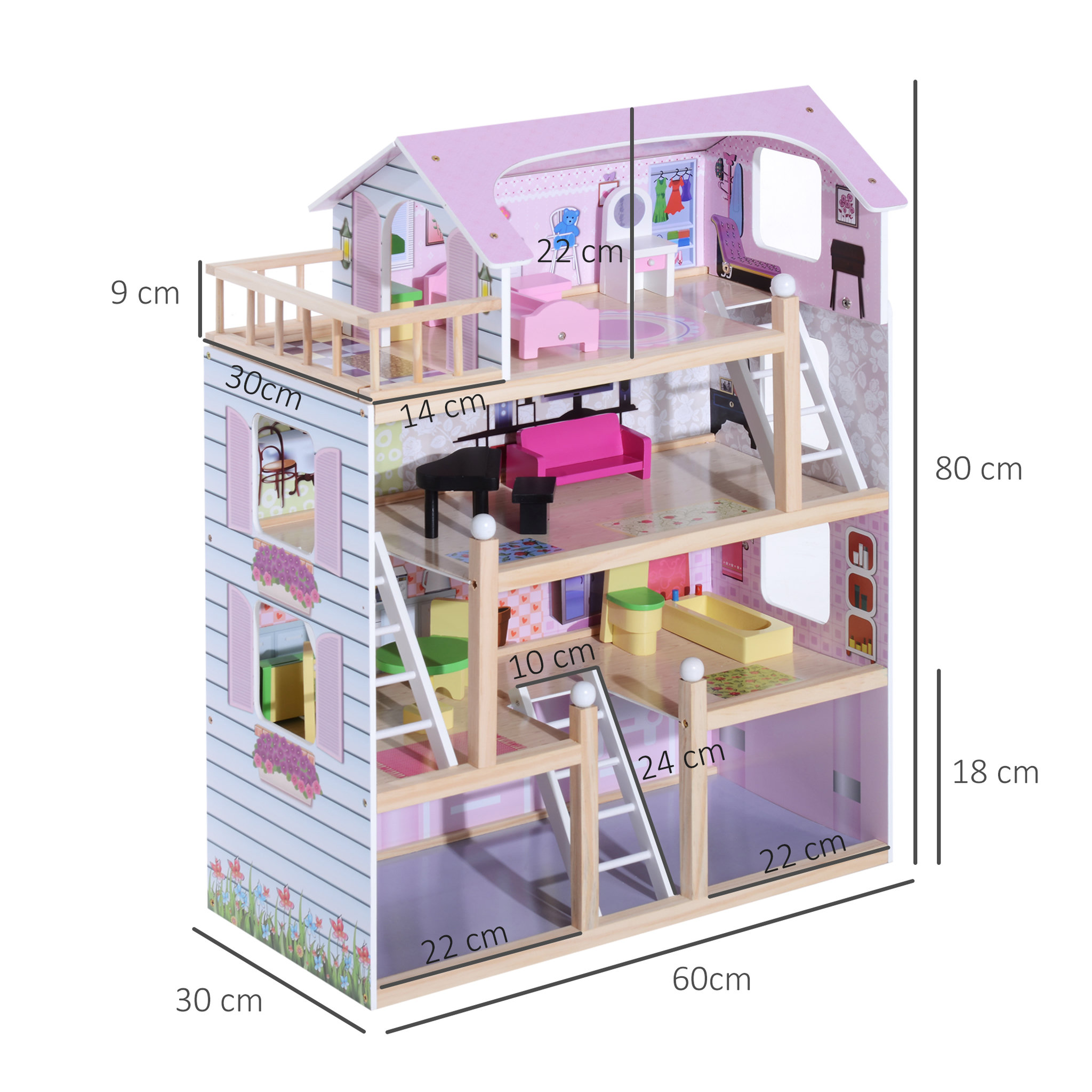 Voir la diapositive 3 : HOMCOM Maison de poupée en bois jeu d'imitation grand réalisme multi-équipement 60L x 30l x 80H cm blanc et rose