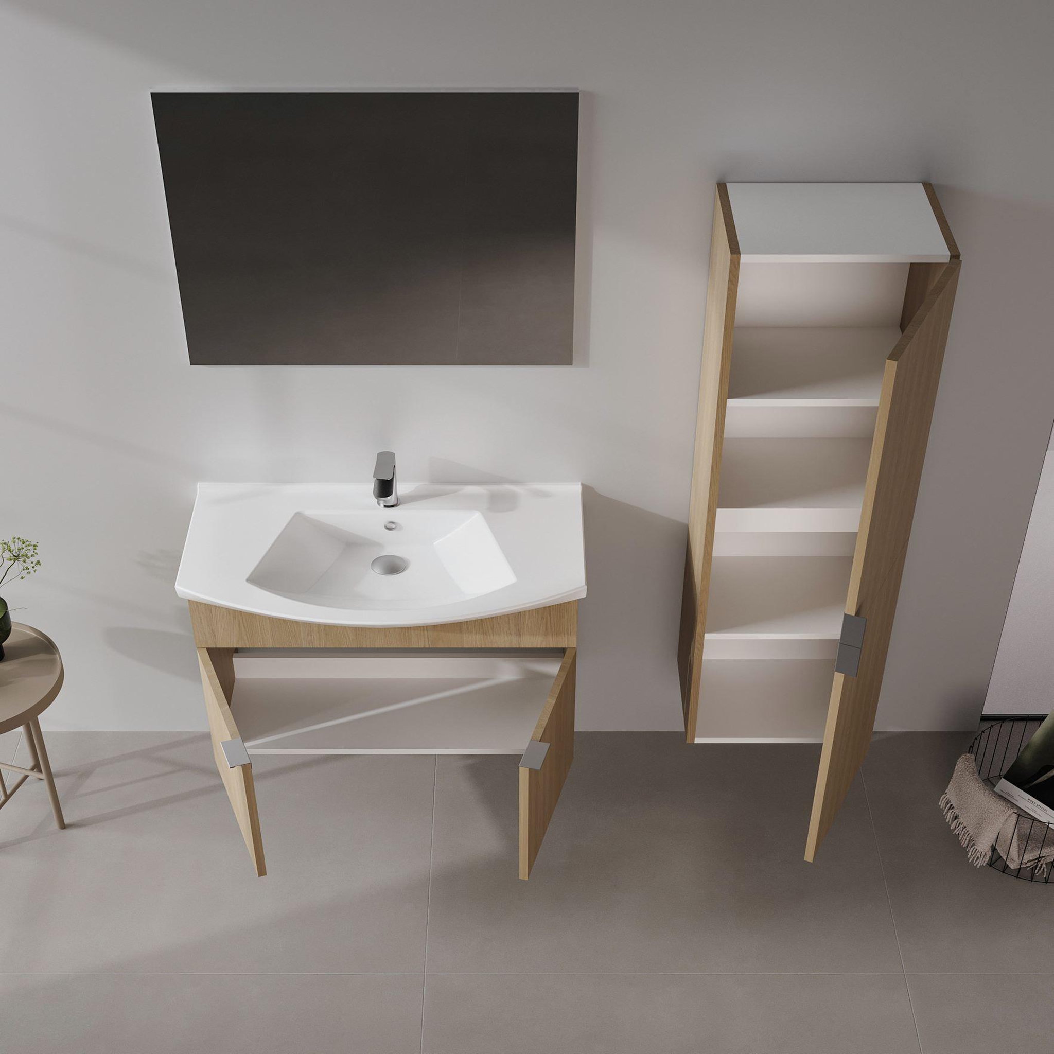 Voir la diapositive 3 : Habitat et Jardin Meuble avec simple vasque et miroir  Purus 80  - 80 x 50 x 58 cm - Oak