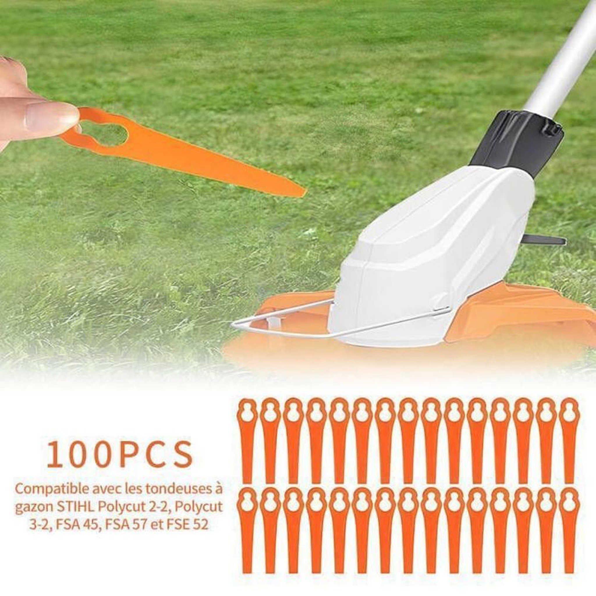 Voir la diapositive 3 : Pack de 100 lames de rechange nylon pour débroussailleuse/tondeuse sans fil compatible STIHL PolyCut 2-2, 3-2, FSA 45/57 et FSE 52