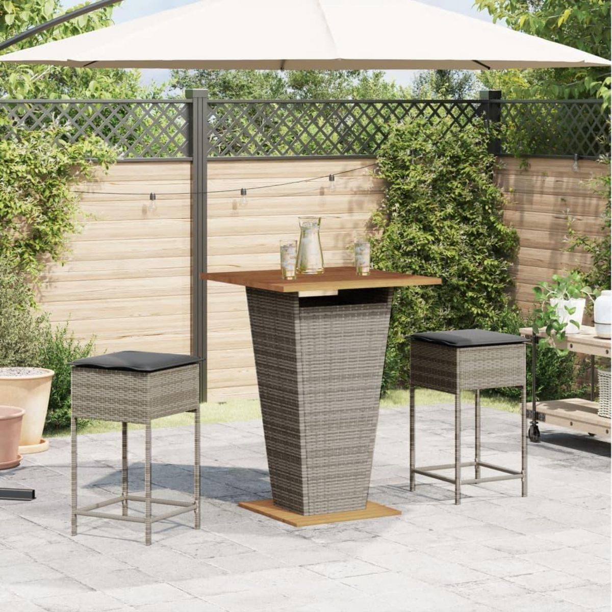 VIDAXL Ensemble de bar de jardin 3 pcs et coussins gris resine tressee