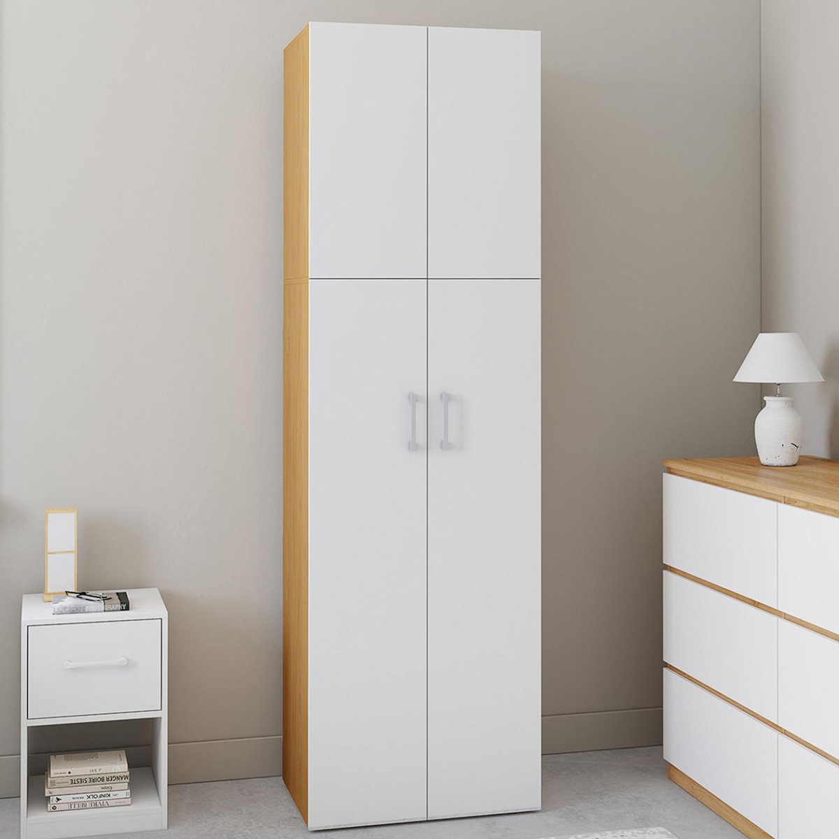 ID MARKET Armoire 2 portes JULIANA blanc et bois penderie 50 cm avec étagère