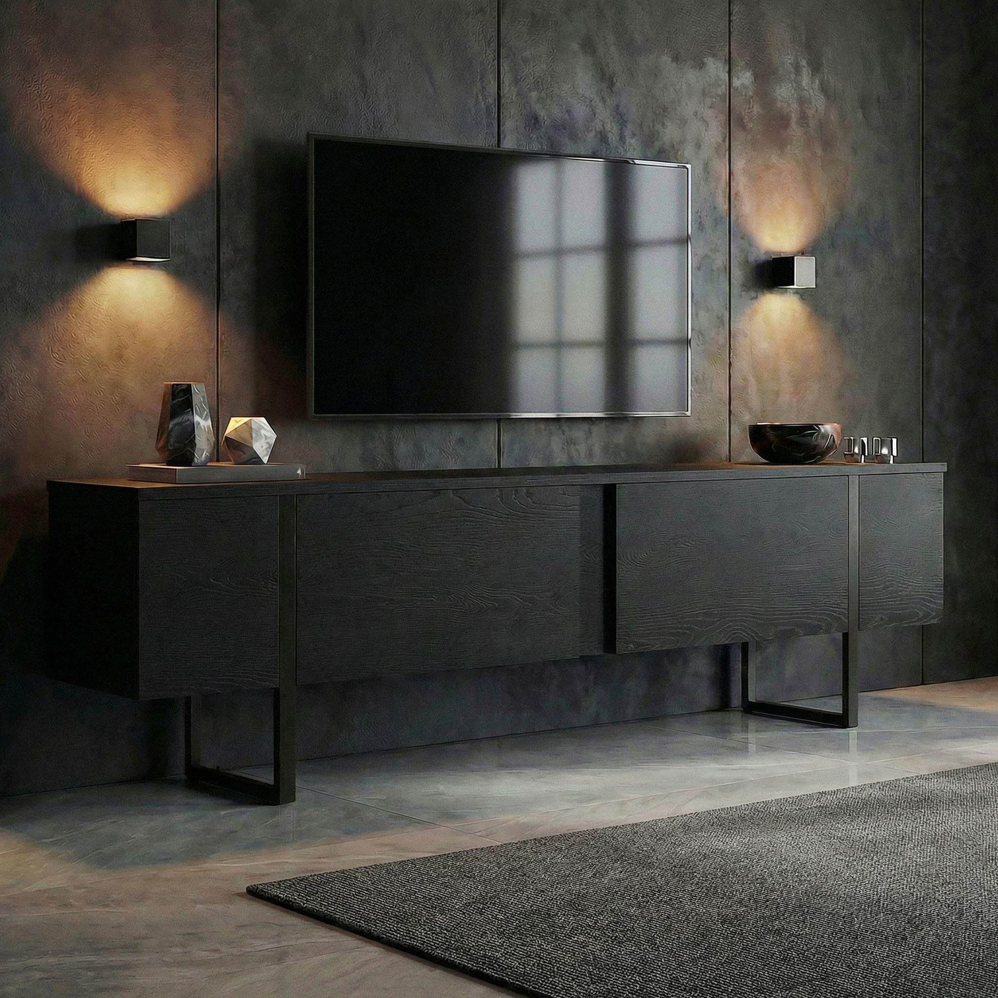 Voir la diapositive 2 : Habitat et Jardin Meuble tv en bois  onera  - 180 x 30 x 50 cm - bois noir / noir