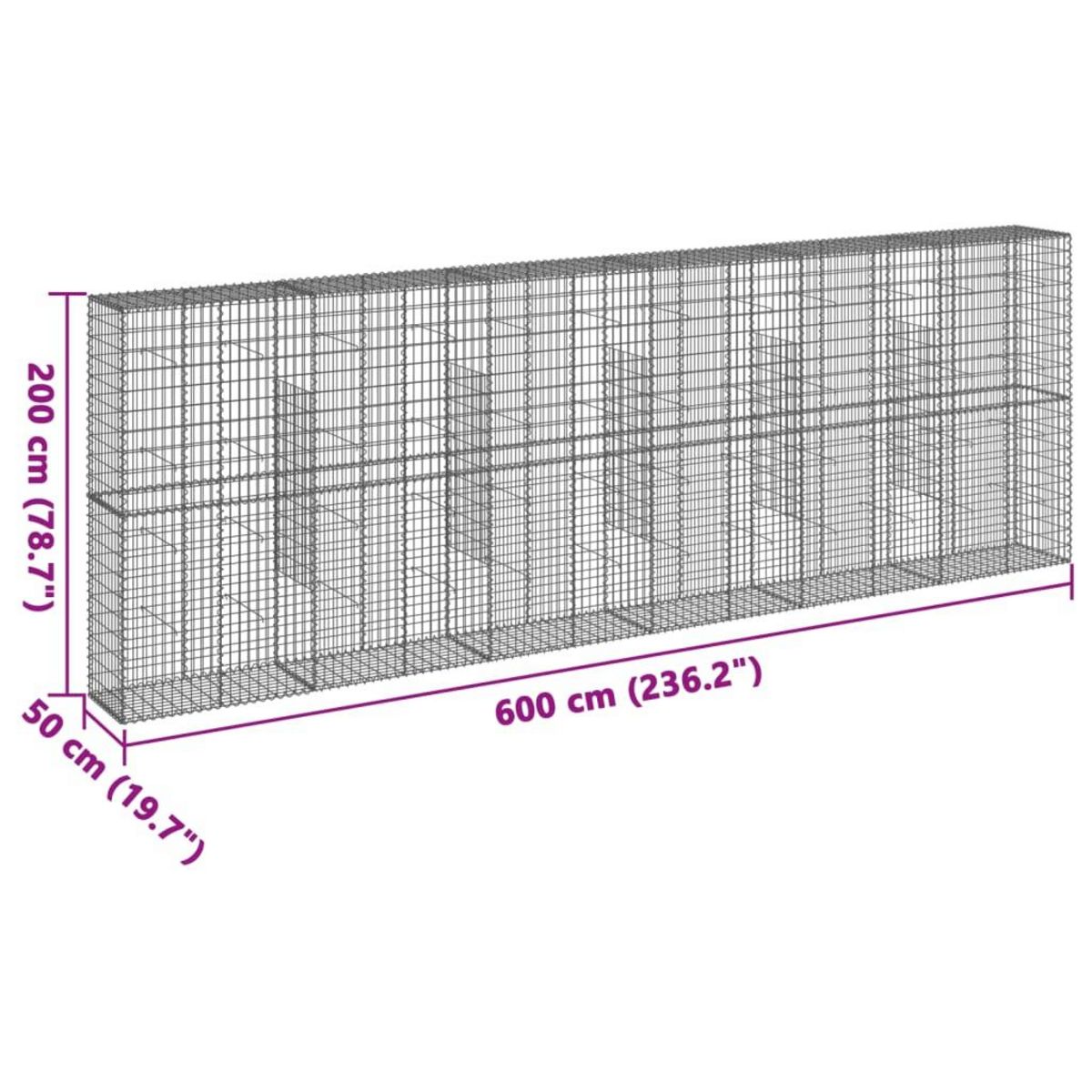 VIDAXL Panier gabion avec couvercle 600x50x200 cm fer galvanise