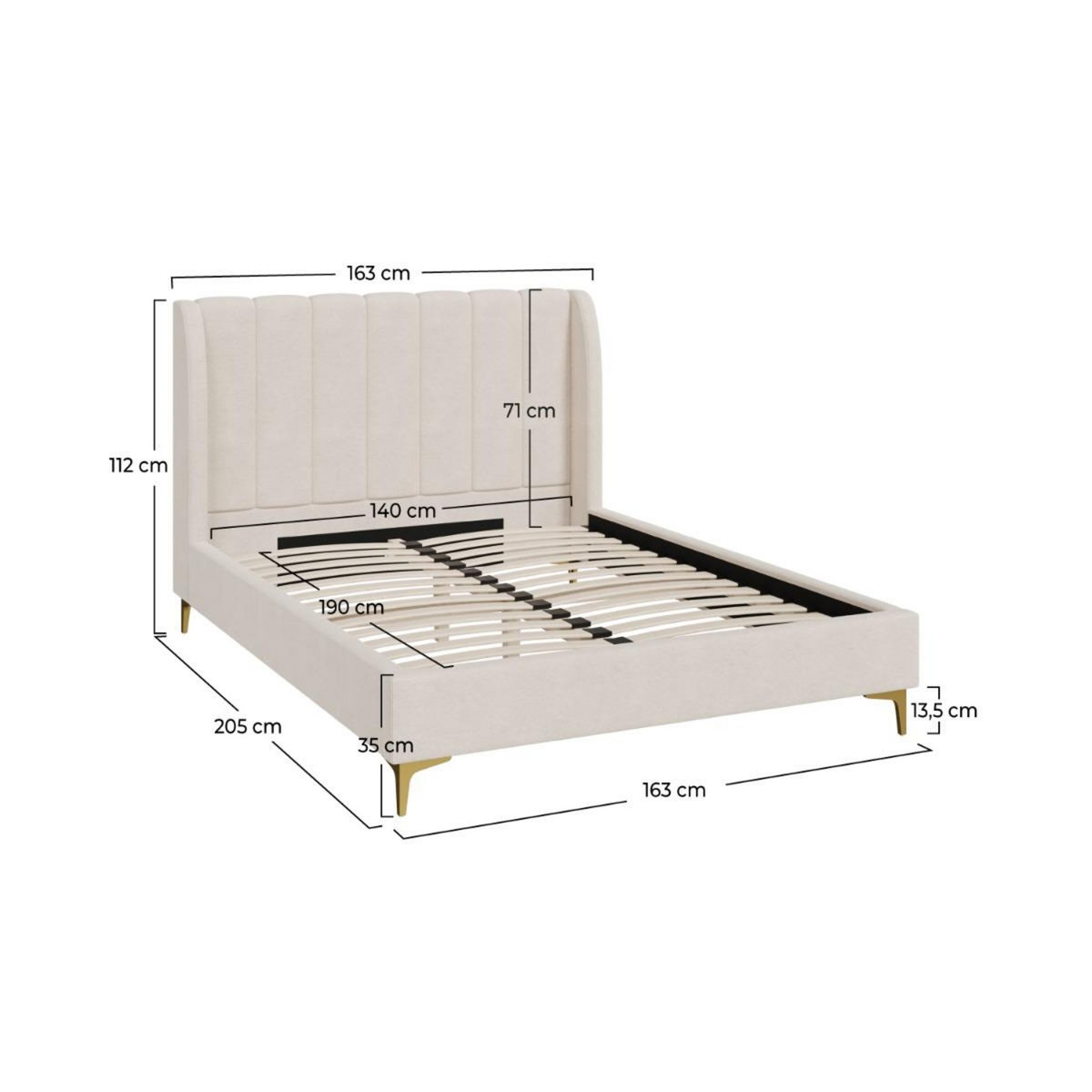 Rendez vous déco Lit double 140x190 cm en tissu beige et pieds doré - Koda