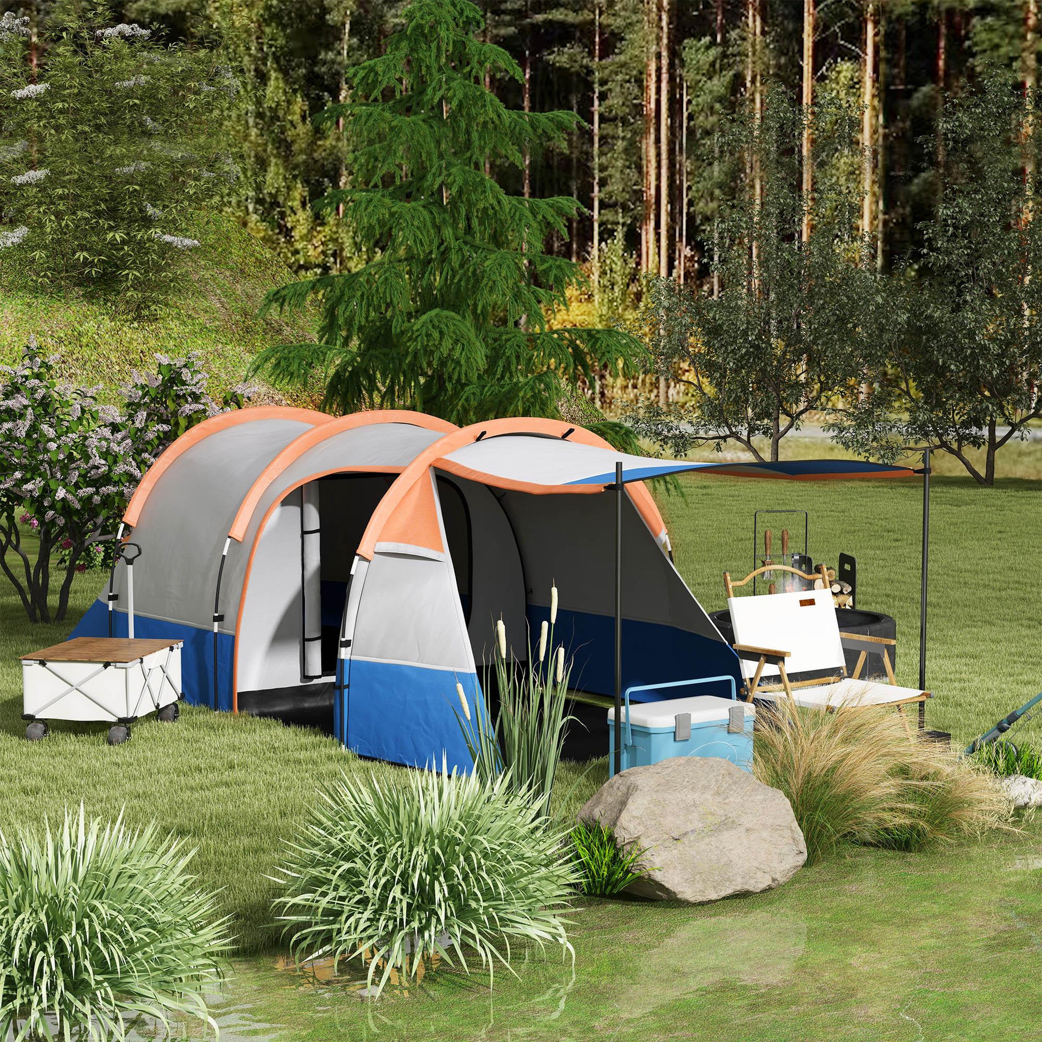 Voir la diapositive 2 : OUTSUNNY Tente de camping 2-3 pers. Porche étanche 2000 mm 3 portes sac de transport orange