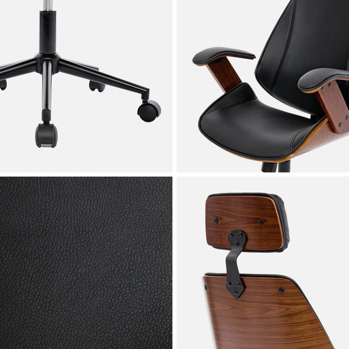 SWEEEK Chaise de bureau à roulettes décor bois courbé et simili cuir