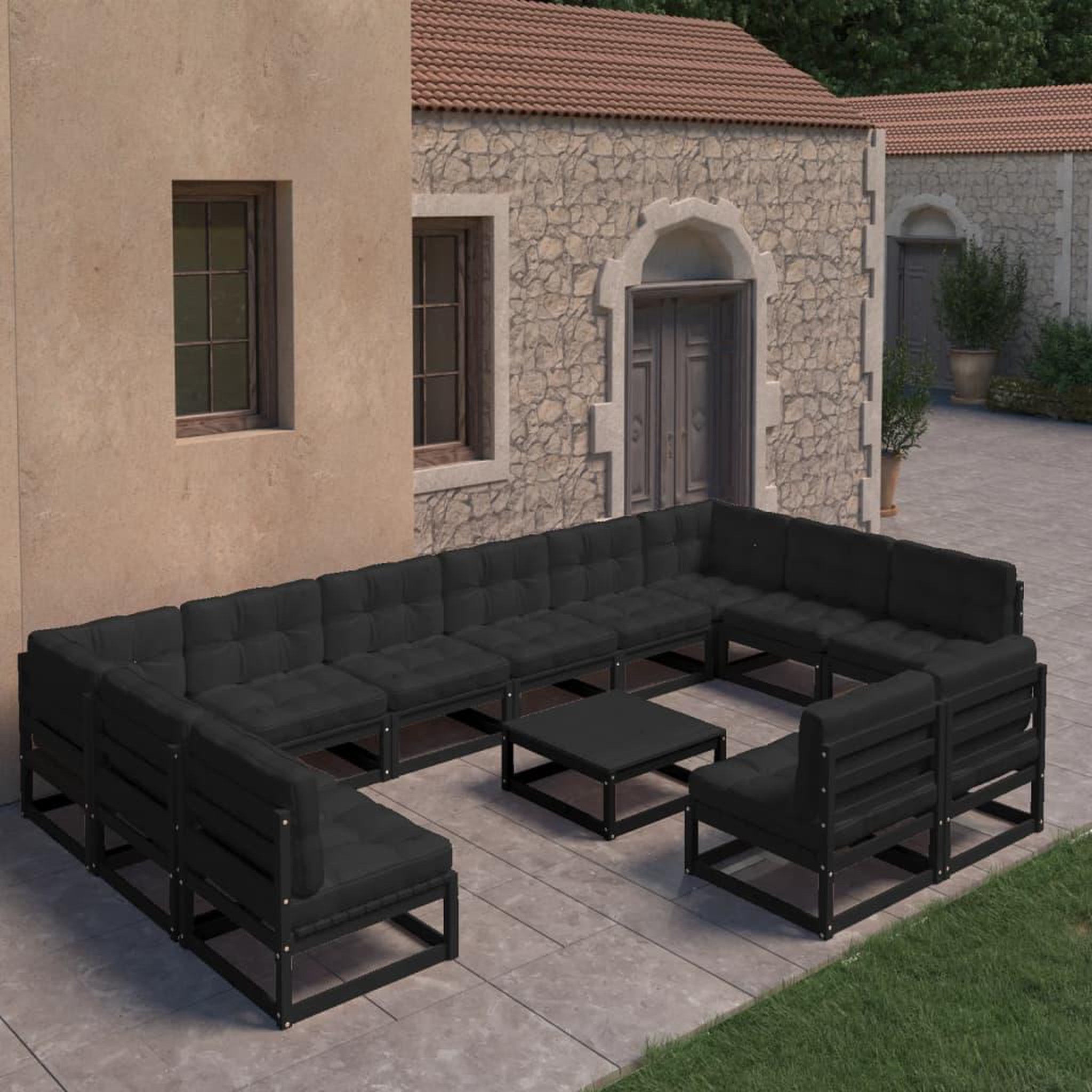 Voir la diapositive 1 : VIDAXL Salon de jardin 13 pcs avec coussins noir bois de pin massif