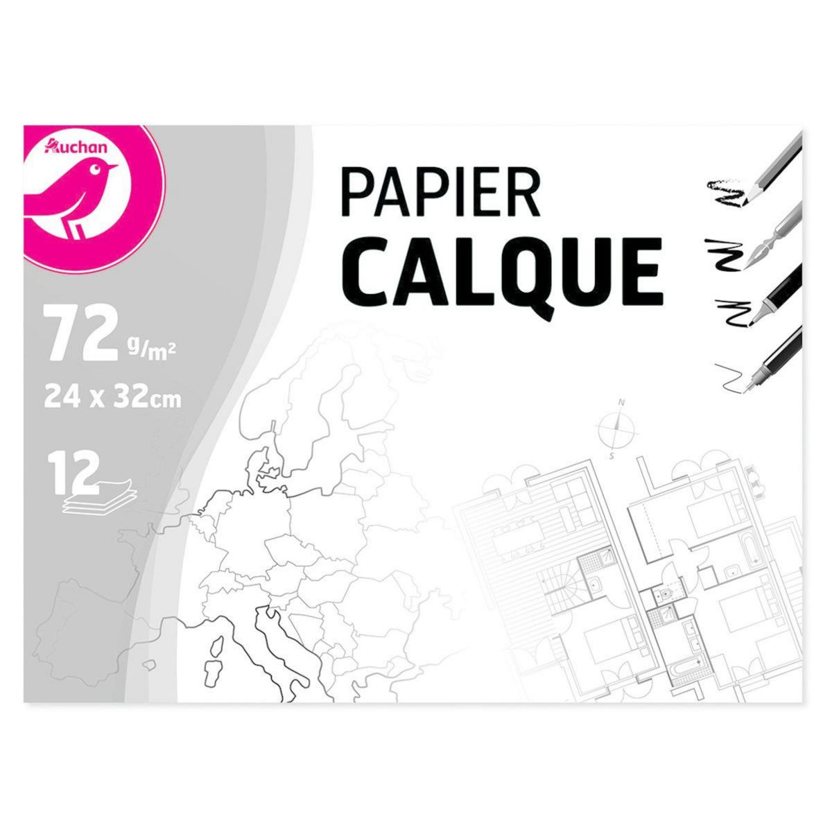 AUCHAN Pochette papier calque 12 feuilles 24x32cm 