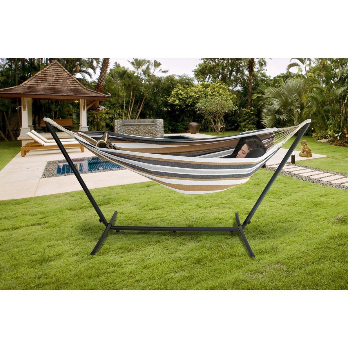 Habitat et Jardin Hamac avec support en métal 150 x 200 cm-  Marron et Blanc