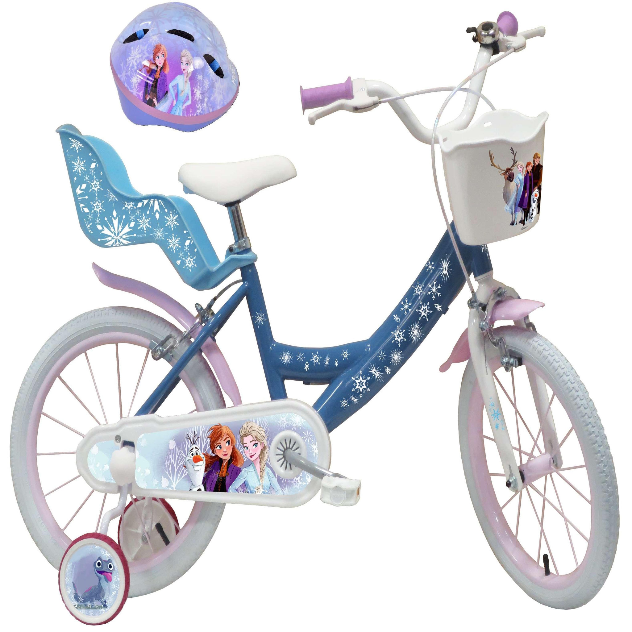 Disney La Reine des Neiges Vélo enfant - Modèle 16'' Reine des neiges + Casque pour enfant de 105/120 cm avec stabilisateurs - Panier avant - Porte poupée arrière - 2 freins et pneus gonflables