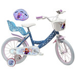 Disney La Reine des Neiges Vélo enfant - Modèle 16'' Reine des neiges + Casque pour enfant de 105/120 cm avec stabilisateurs - Panier avant - Porte poupée arrière - 2 freins et pneus gonflables