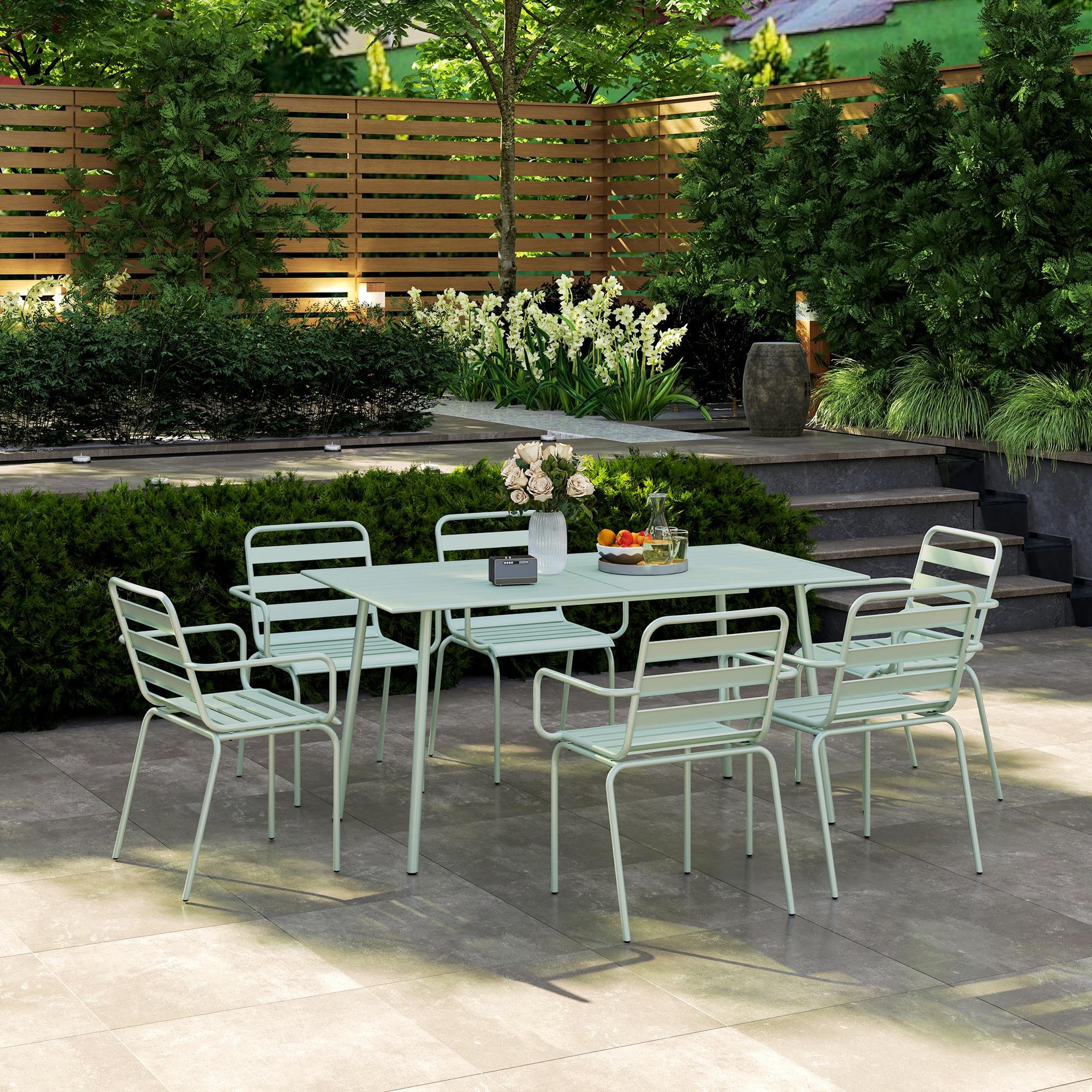 Voir la diapositive 2 : OUTSUNNY Salon de jardin 6 places 7 pièces - table à manger 6 chaises empilables - acier thermolaqué verre d'eau
