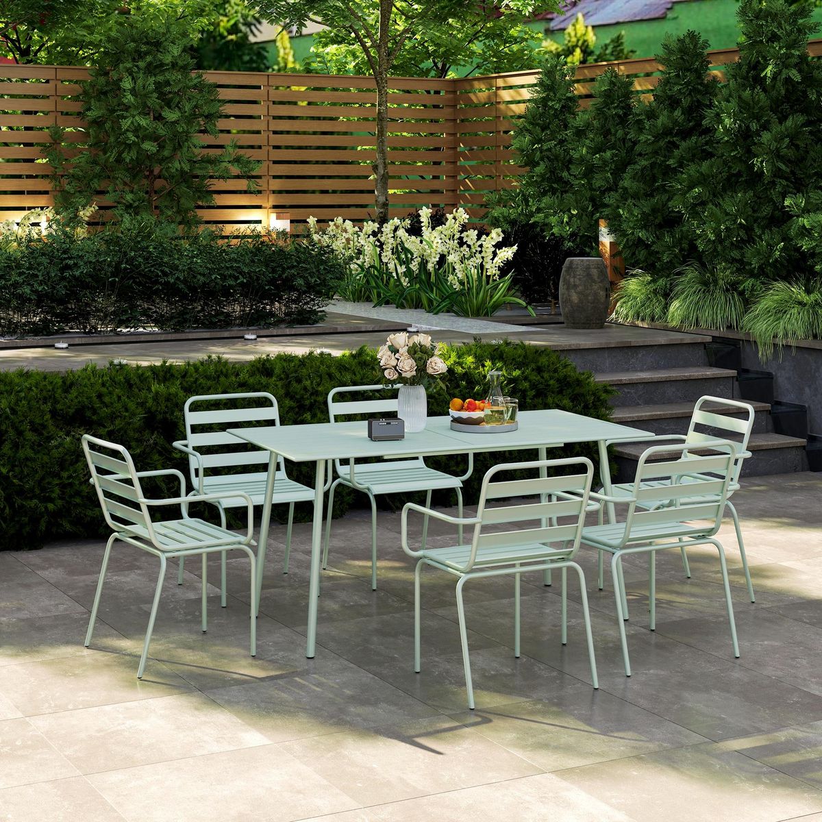 OUTSUNNY Salon de jardin 6 places 7 pièces - table à manger 6 chaises empilables - acier thermolaqué verre d'eau