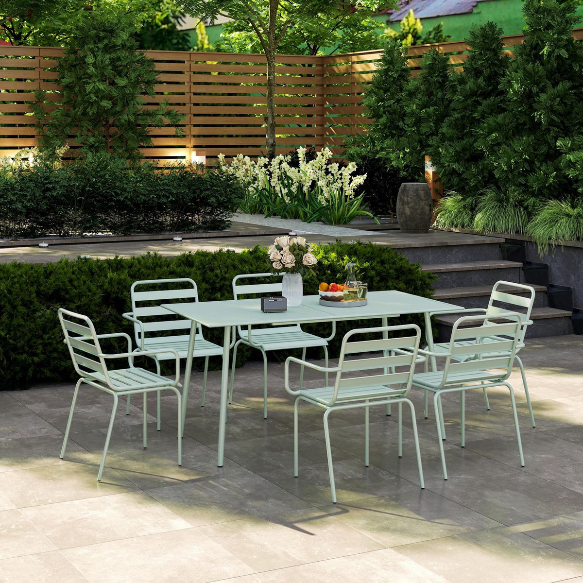 OUTSUNNY Salon de jardin 6 places 7 pièces - table à manger 6 chaises empilables - acier thermolaqué verre d'eau