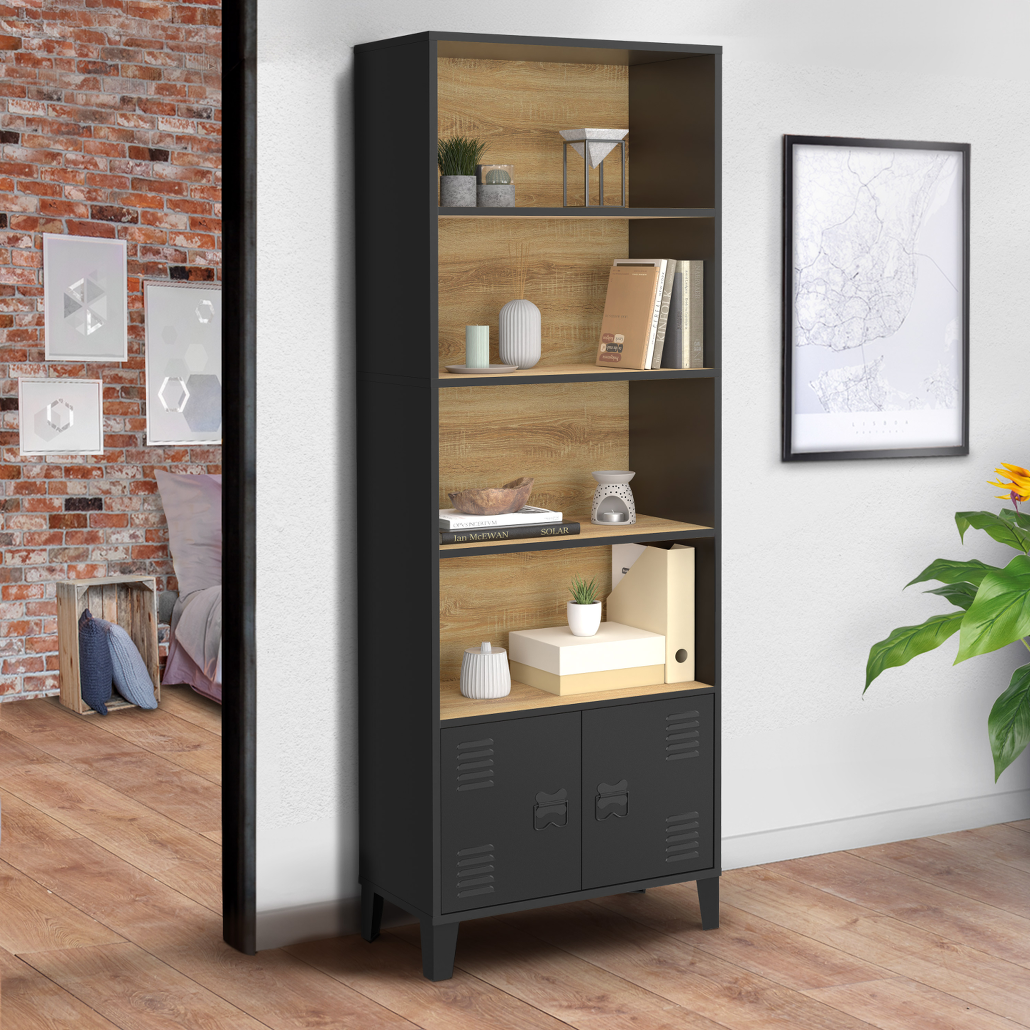 Voir la diapositive 2 : ID MARKET Etagère bibliothèque 5 niveaux avec placard ester portes métal noir et plateau bois design industriel