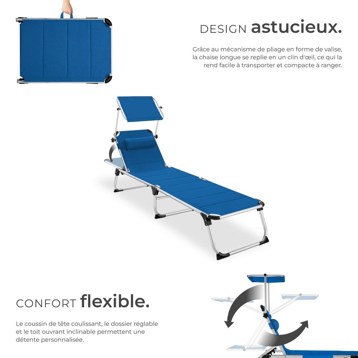 tectake Bain de soleil rembourré et pliable bleu