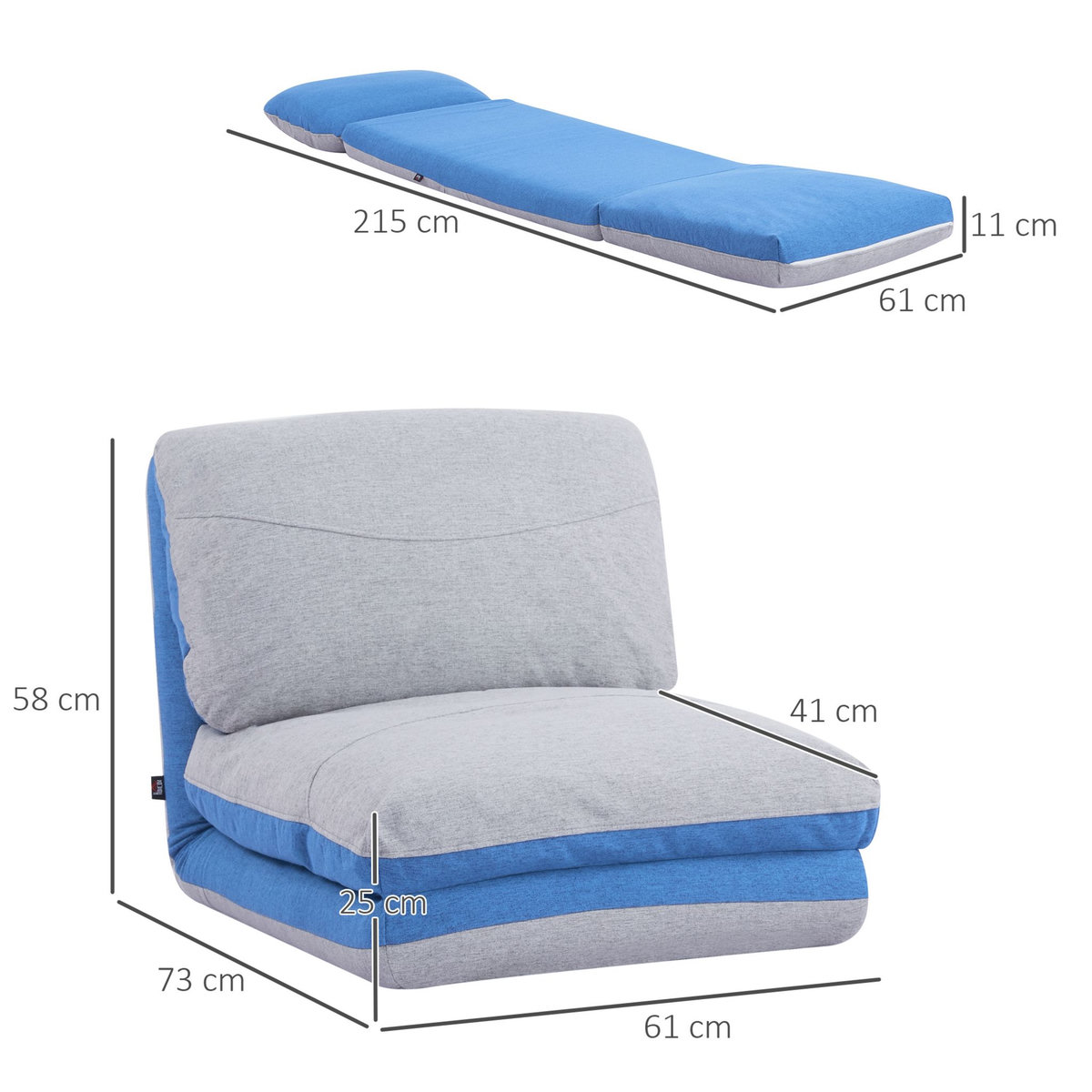 HOMCOM Chauffeuse - matelas d'appoint pliant - fauteuil convertible - inclinaison dossier réglable 5 positions - tissu polyester aspect lin gris clair bleu