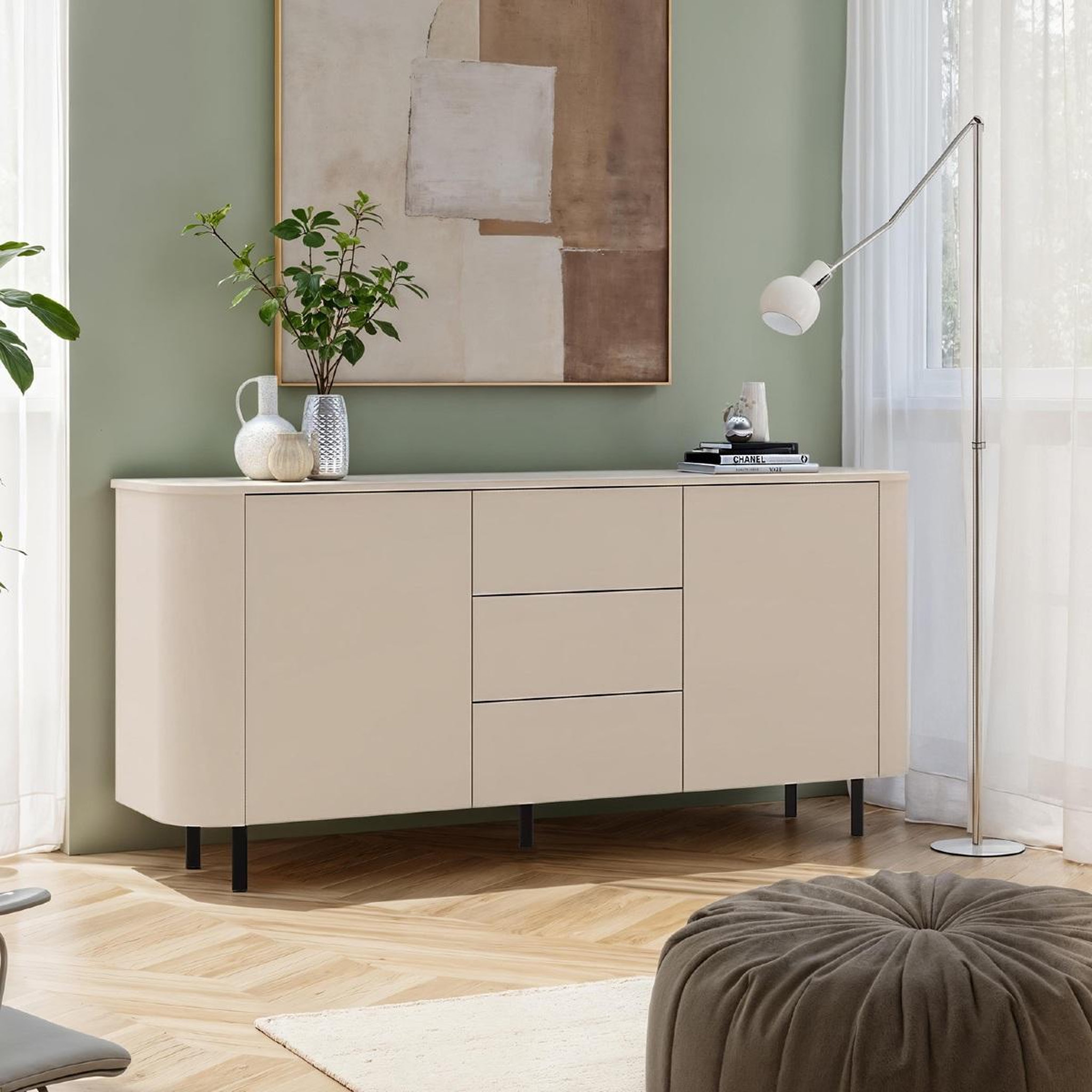 Voir la diapositive 2 : JLC KREATION Buffet moderne arrondi beige 2 portes-3 tiroirs 180cm olga