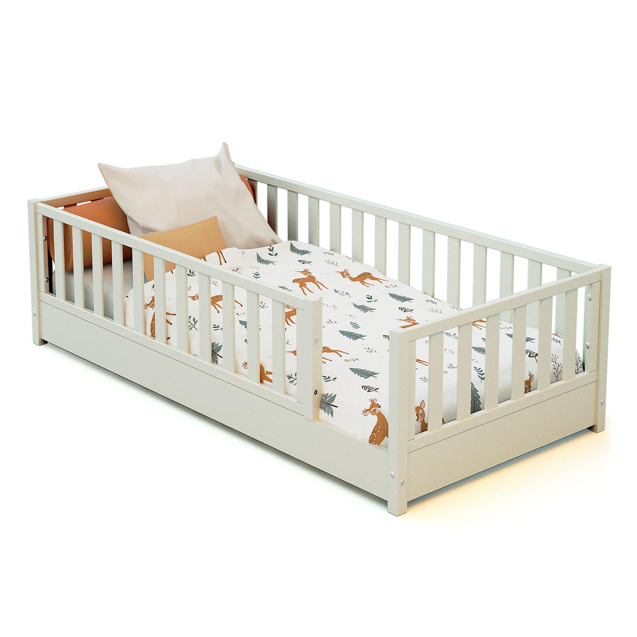JURABABY Lit au sol enfant en bois SONHO - 90x190. Coloris disponibles : Vert, Blanc, Rose