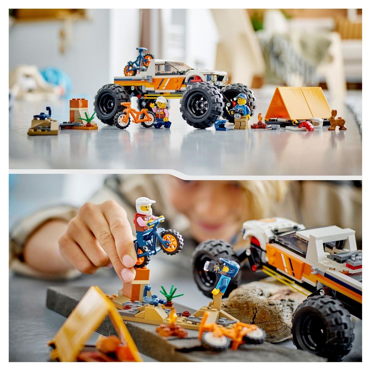 LEGO City 60387 Les aventures du 4x4 tout terrain, Set de Camping, Jouet Monster Truck avec Suspension et VTT, Jeu de Voiture 