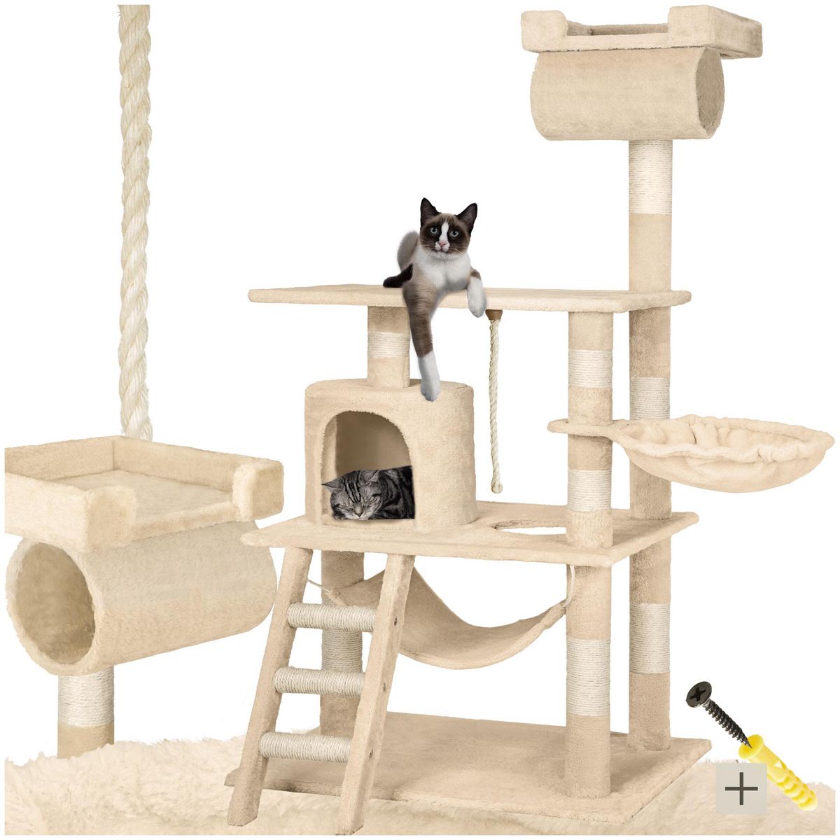 tectake Arbre à chat 141 cm avec griffoir et plateforme d'escalade beige