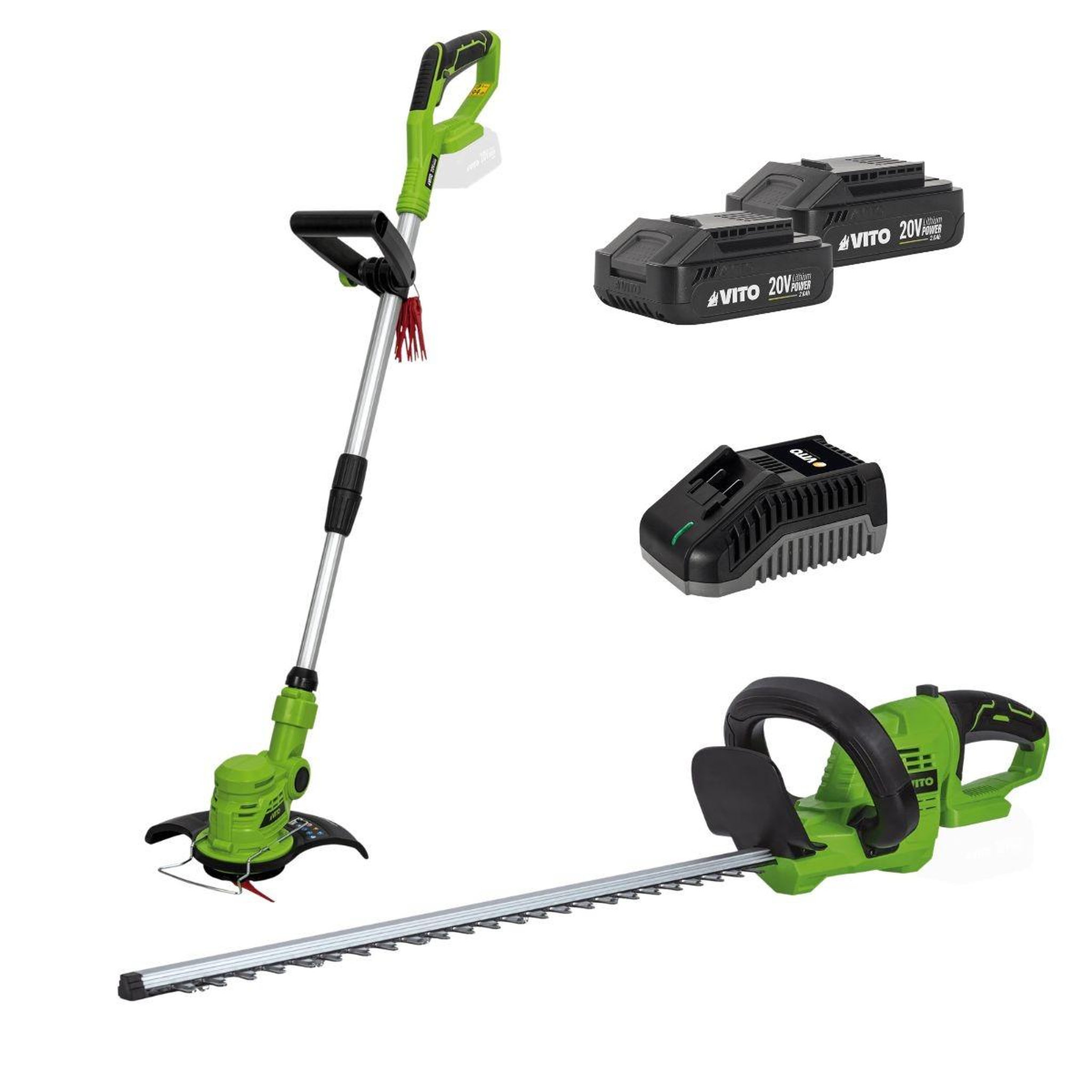 VITO Garden Pack 2 outils 20v coupe bordure + taille haies + 2 batteries lithium 2.0ah + jeu de 20 lames + chargeur vito