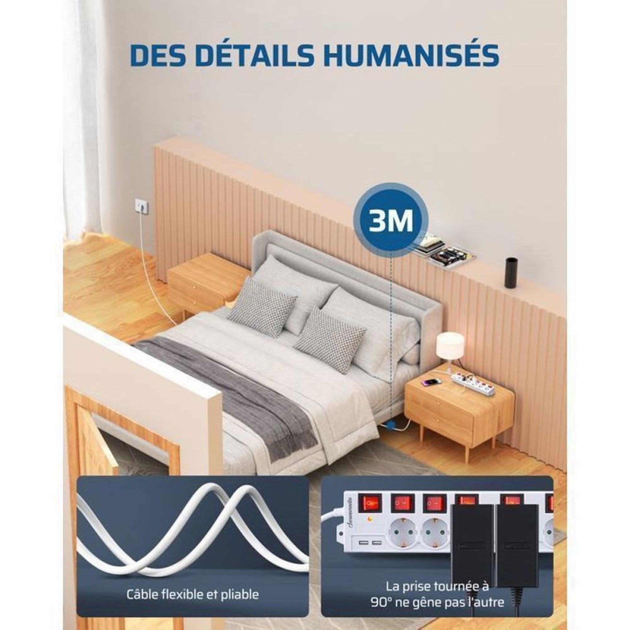 Voir la diapositive 6 : Multiprise parafoudre blanc 6 prises secteur + 2 USB 16A 3680W, câble 3 m, 7 interrupteurs bipolaires avec voyants LED
