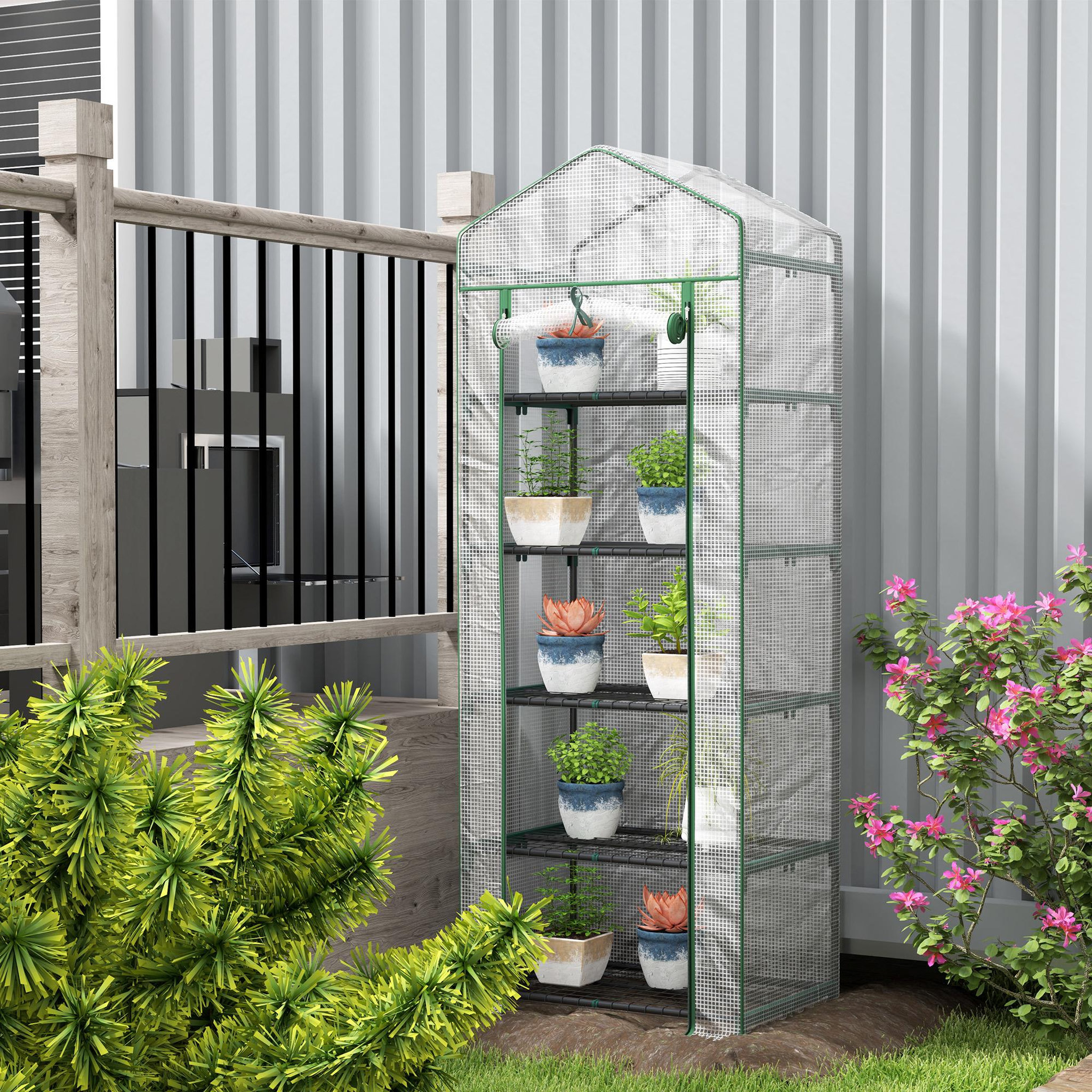 Voir la diapositive 4 : OUTSUNNY Serre de jardin balcon 5 étagères porte zippée 69 x 49 x 193 cm acier thermolaqué bâche pe blanc