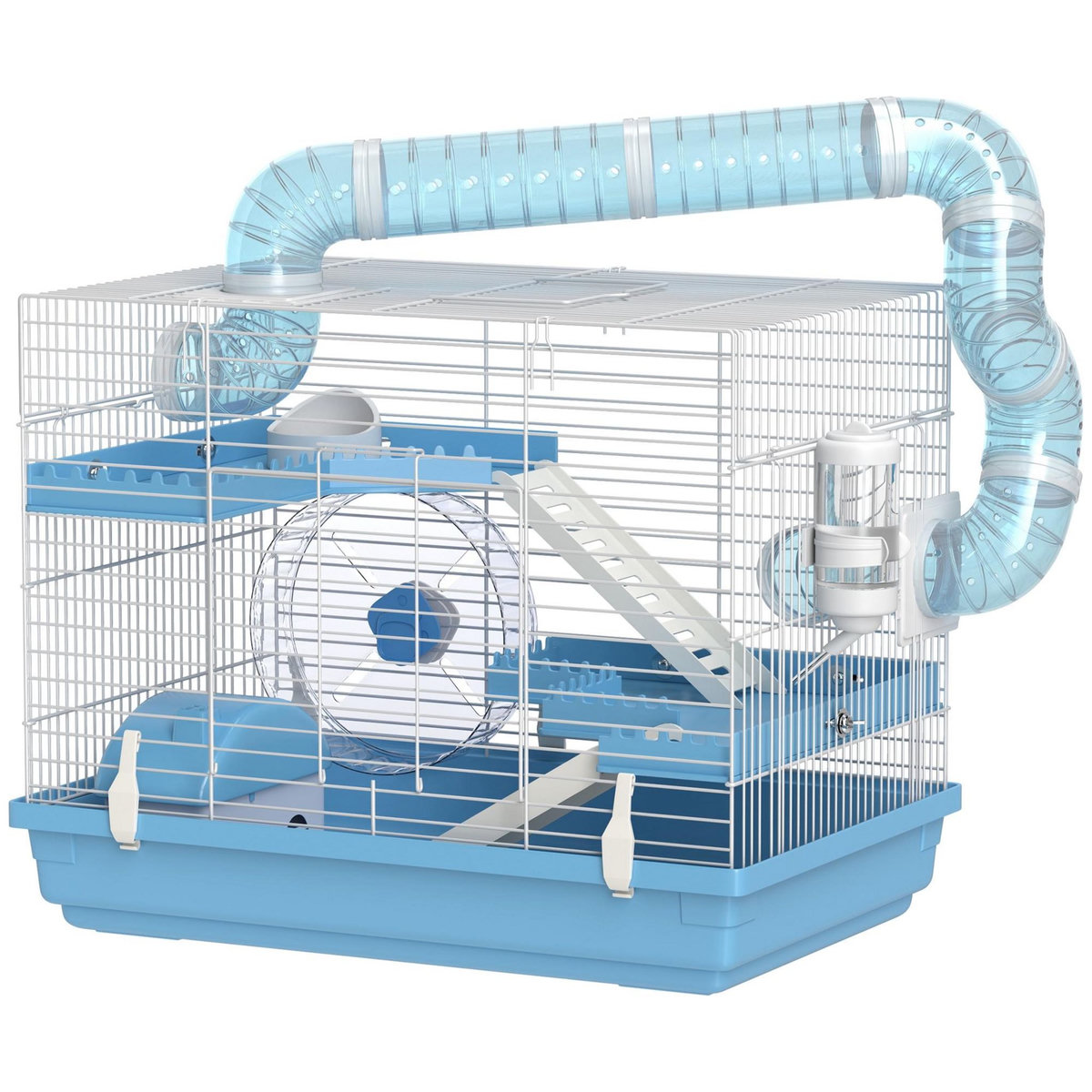 PAWHUT Cage pour hamster portable 2 portes 2 étages nombreux accessoires et tubes blanc bleu