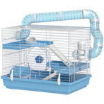 PAWHUT Cage pour hamster portable 2 portes 2 étages nombreux accessoires et tubes blanc bleu