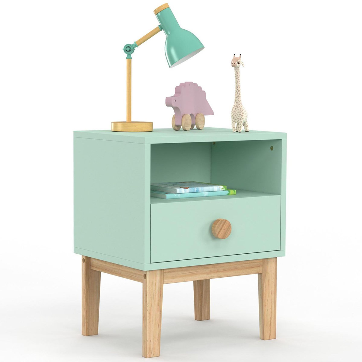 ID MARKET Table de chevet enfant JACOB 1 tiroir + 1 niche vert d'eau et bois