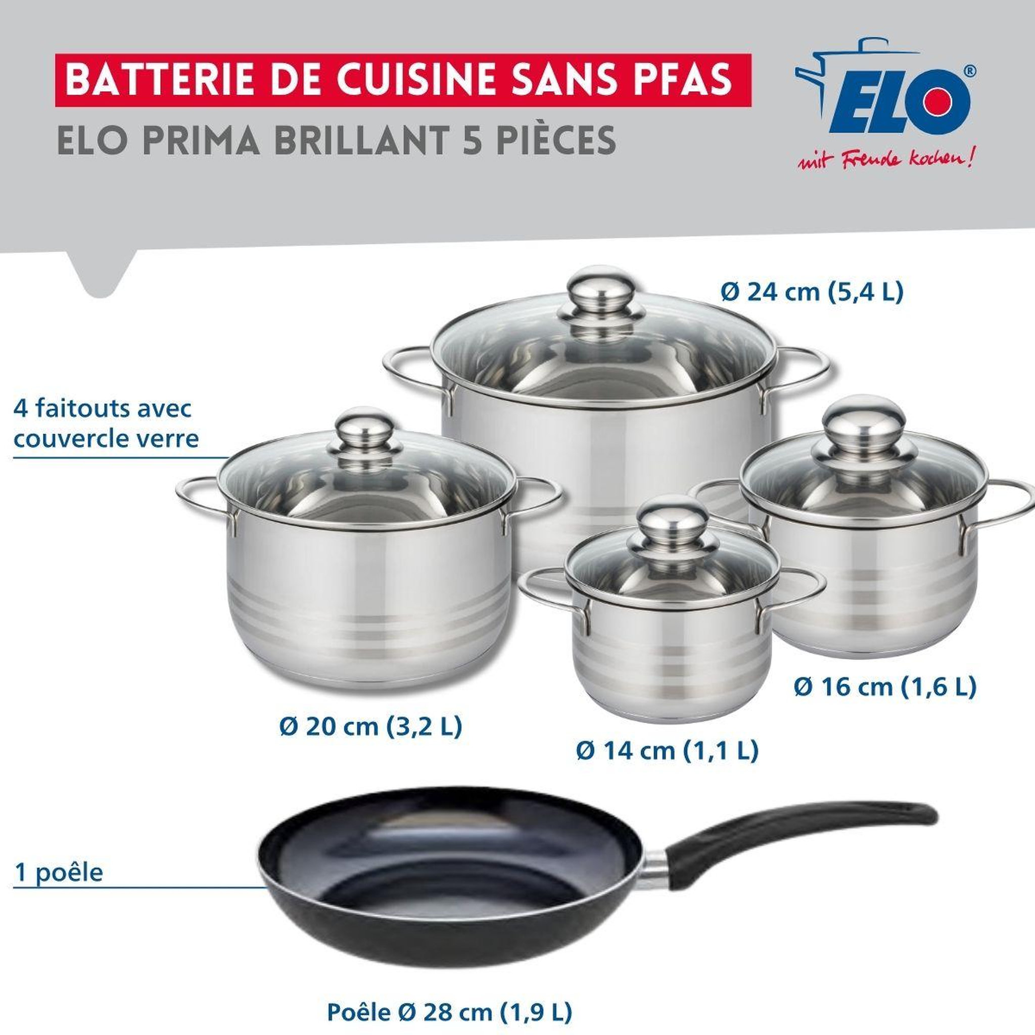 Voir la diapositive 2 : ELO Ensemble de 1 poêle de cuisson 28 cm et 4 faitouts 14, 16, 20 et 24 cm elo prima brillant