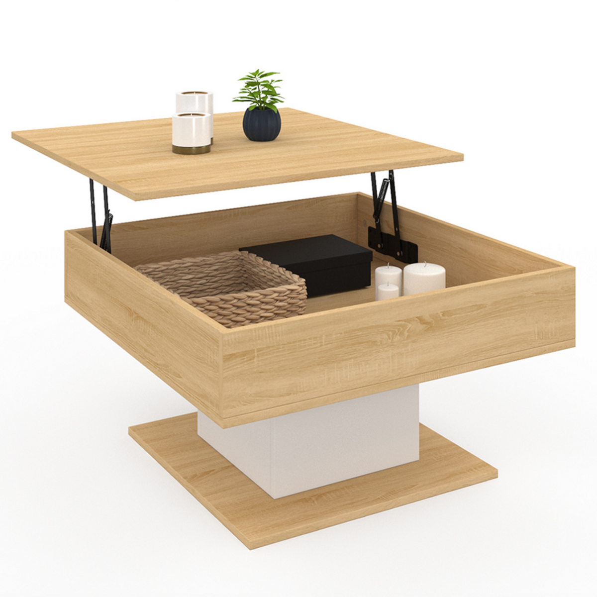 ID MARKET Table basse plateau relevable EDEN carrée bois et blanc