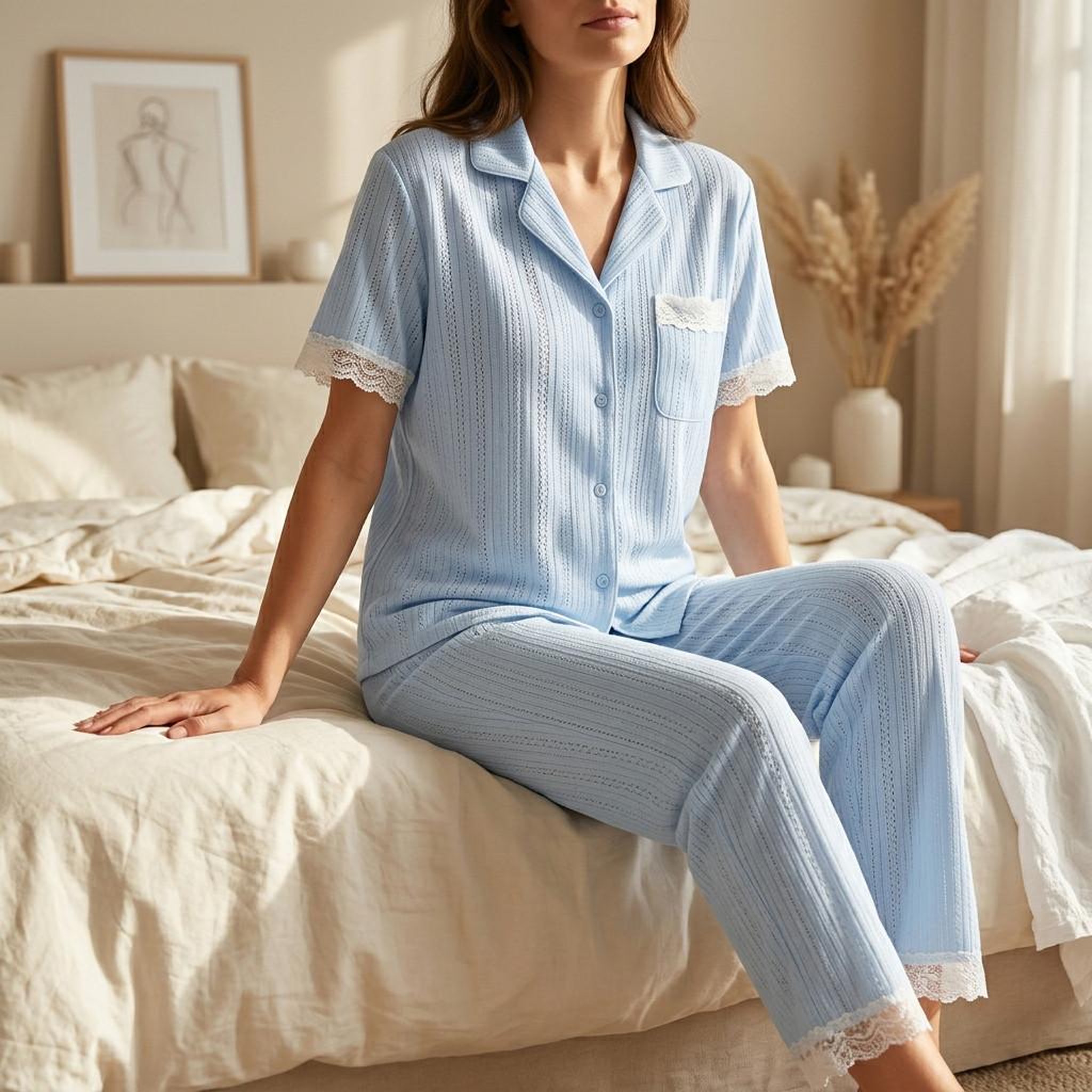 Voir la diapositive 2 : OZABI OZABI Pyjama Femme Long Boutonné Dentelle Tissu Ultra Léger