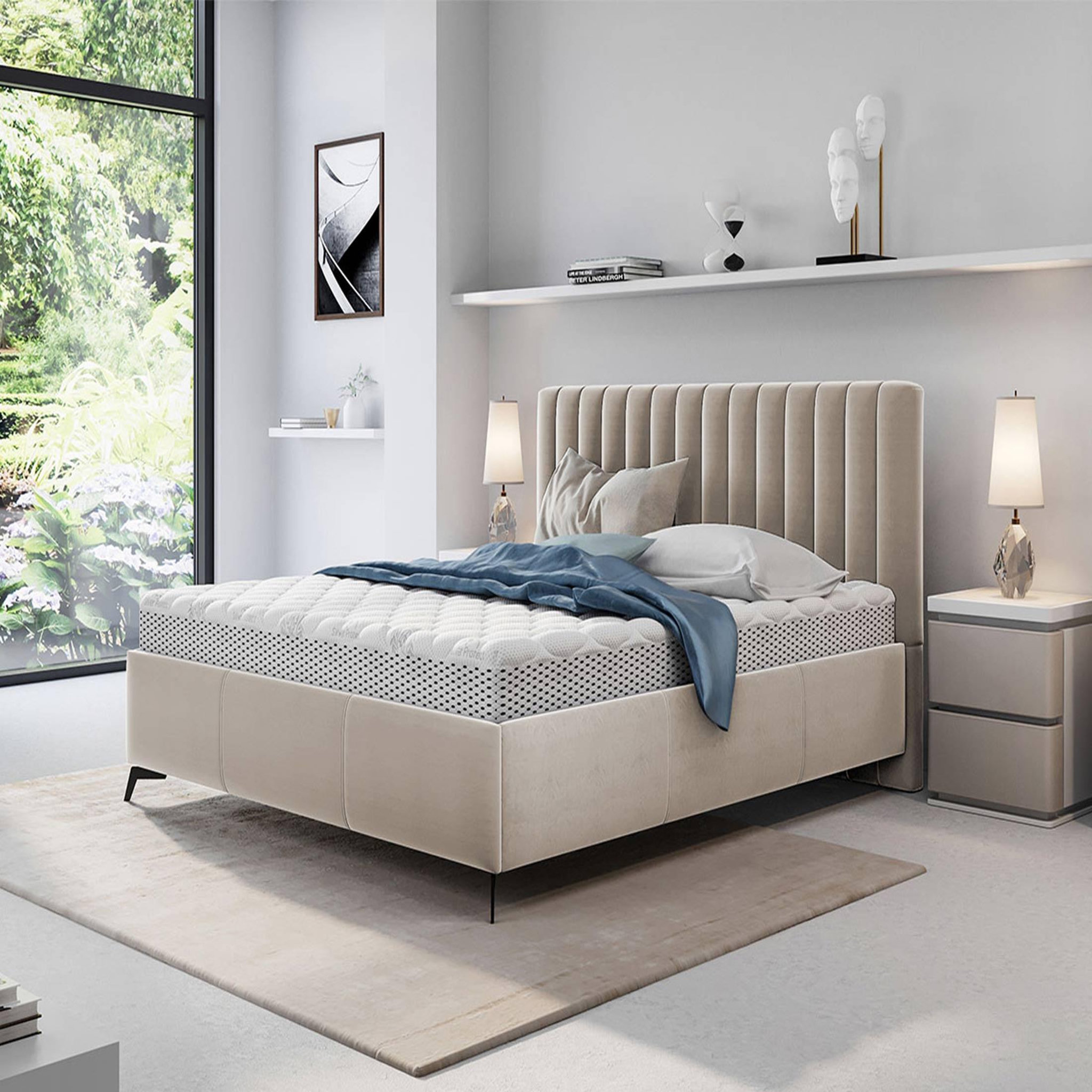 BEST MOBILIER Mendoza - lit coffre - 160x200 - sommier inclus - en velours. Coloris disponibles : Beige, Vert, Bleu, Gris