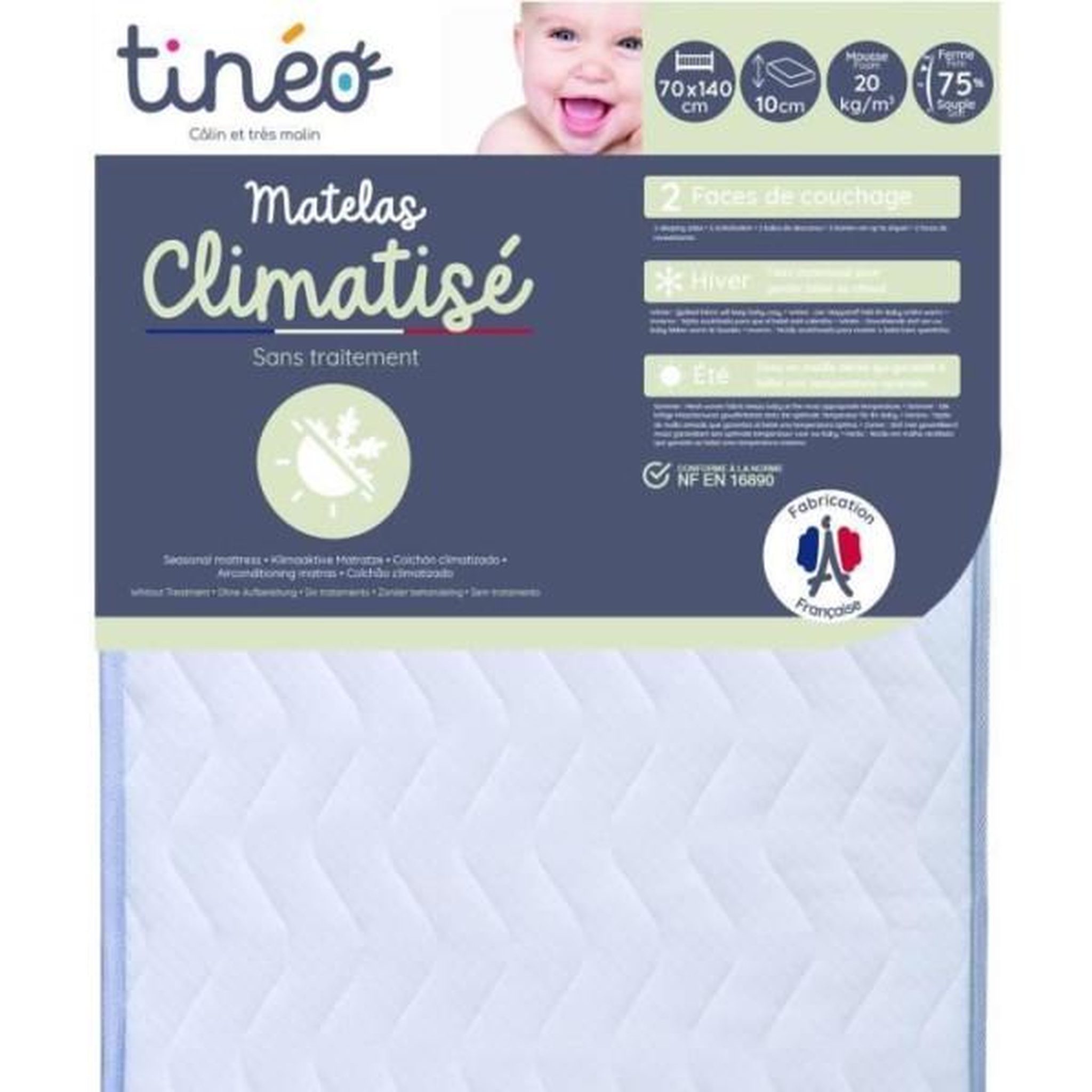 TINEO Matelas bébé climatisé compressé - 70 x 140 cm - Epaisseur 11 cm - TINEO