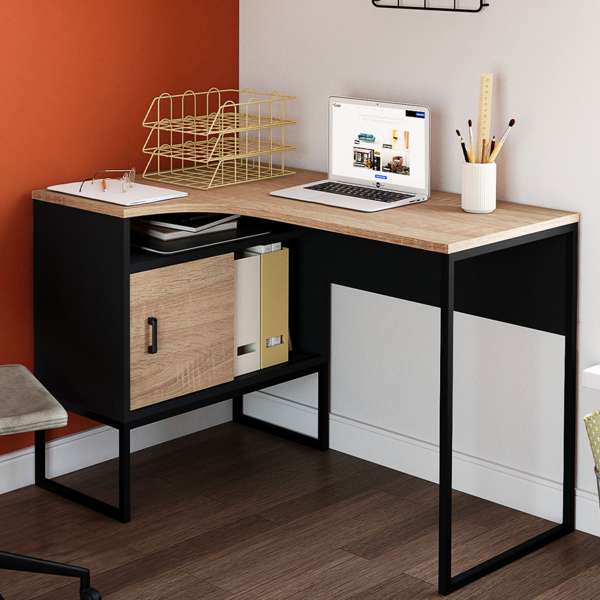 Voir la diapositive 2 : ID MARKET Bureau d'angle rob noir et façon hêtre niche de rangement et porte design industriel