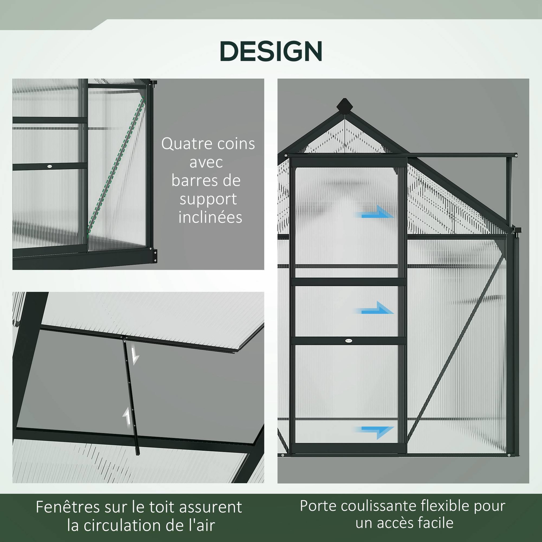 Voir la diapositive 5 : OUTSUNNY Serre de jardin aluminium polycarbonate 2,51 m² dim. 1,9l x 1,32l x 2,01h m lucarne, porte coulissante + fondation incluse alu. Gris polycarbonate transparent