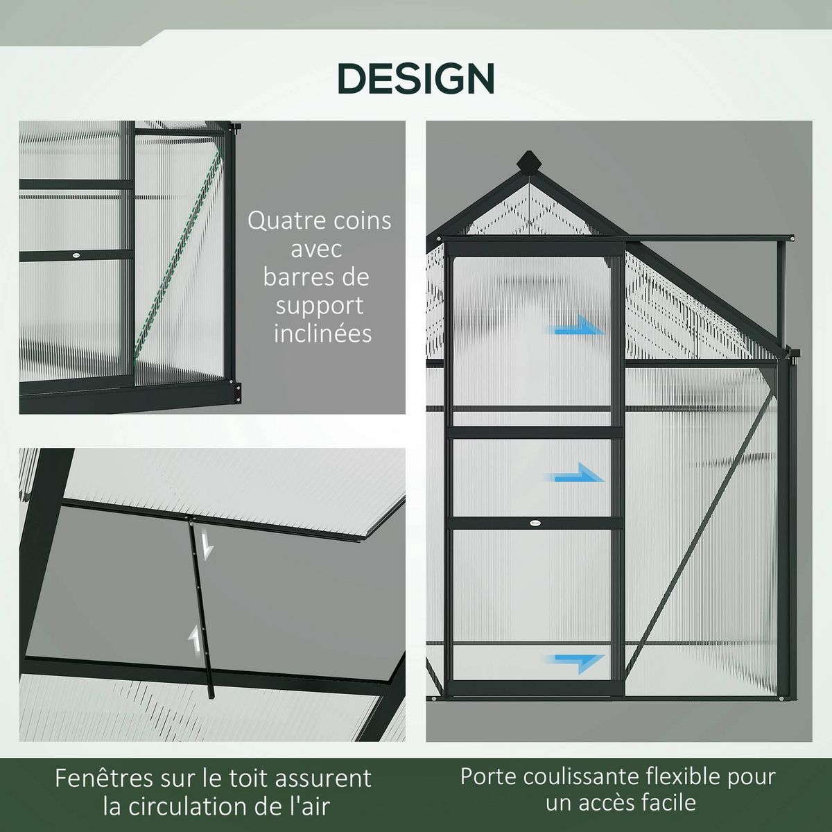 OUTSUNNY Serre de jardin aluminium polycarbonate 2,51 m² dim. 1,9L x 1,32l x 2,01H m lucarne, porte coulissante + fondation incluse alu. gris polycarbonate transparent