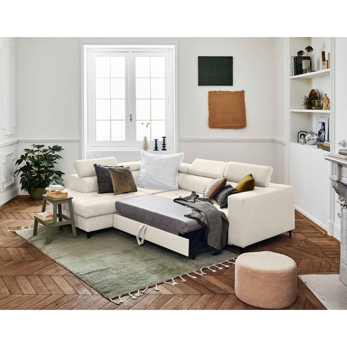 LISA DESIGN Olinda - canapé d'angle gauche - 5 places - convertible avec coffre et têtières réglables - en tissu